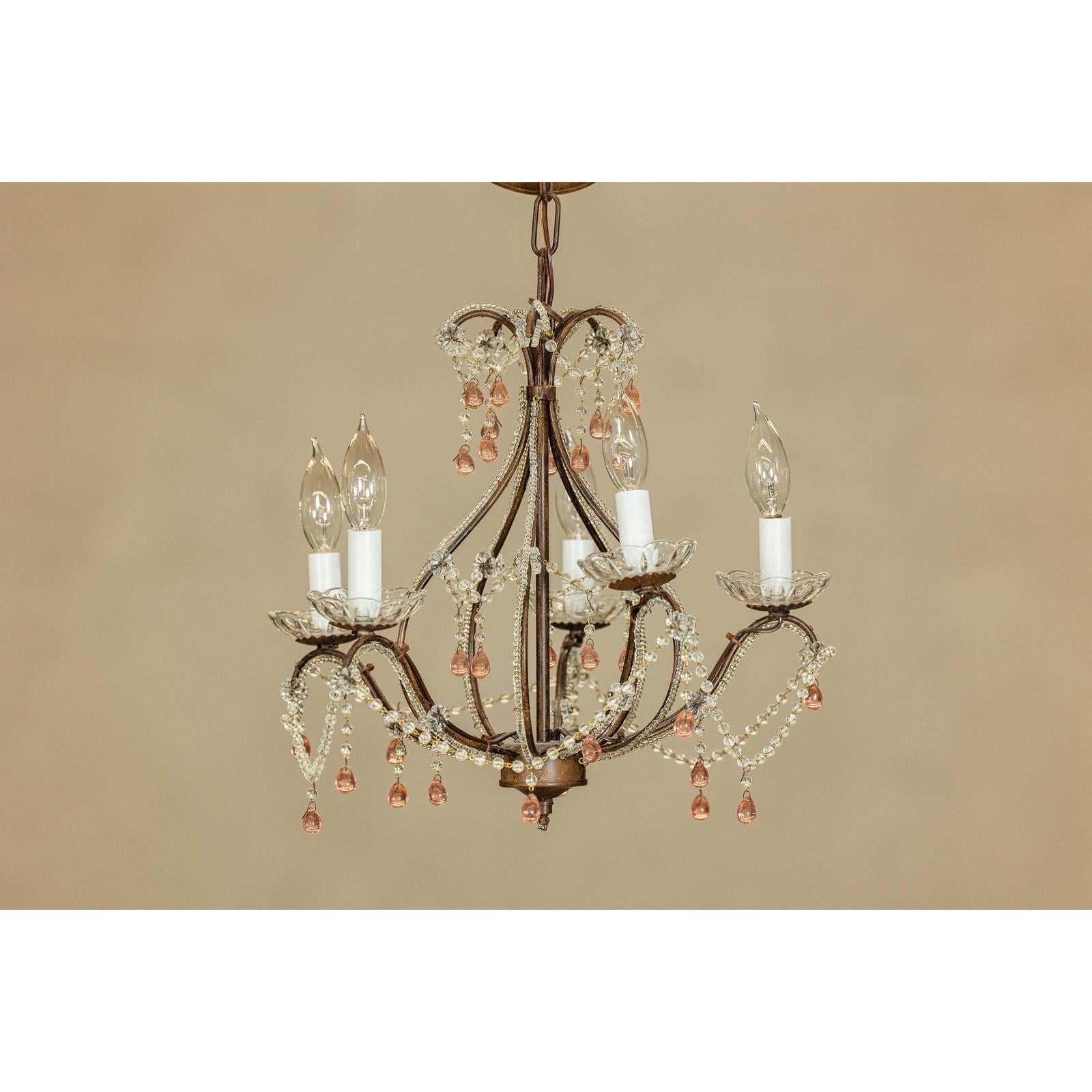 Five Lights Crystal Chandelier with Pink Glass Drops Circa 1950, Wired