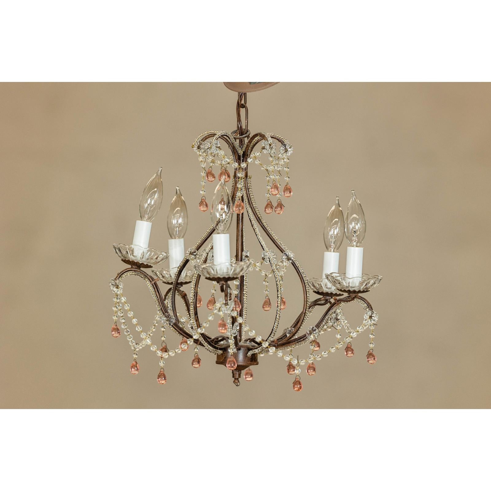 Five Lights Crystal Chandelier with Pink Glass Drops Circa 1950, Wired
