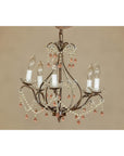 Five Lights Crystal Chandelier with Pink Glass Drops Circa 1950, Wired