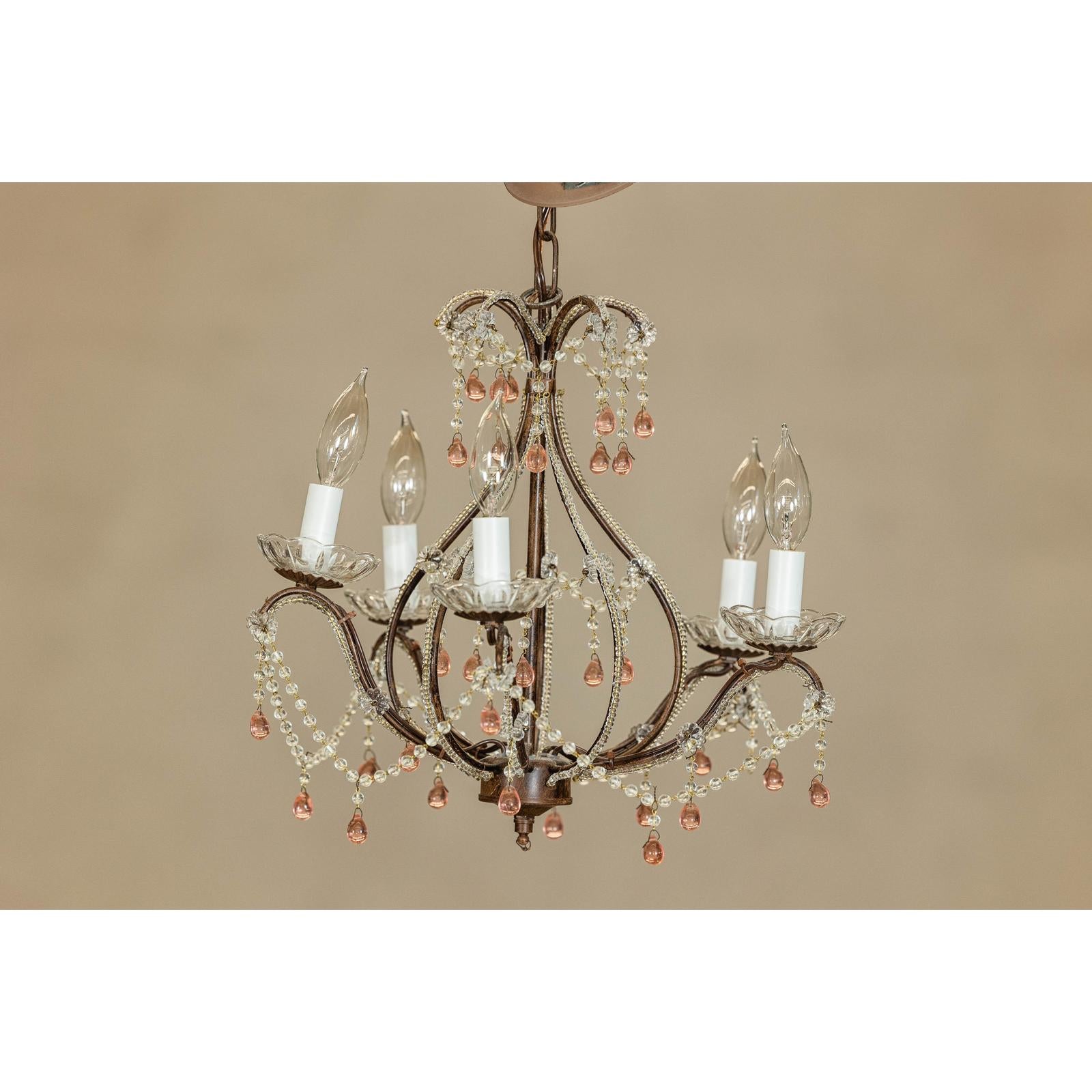Five Lights Crystal Chandelier with Pink Glass Drops Circa 1950, Wired