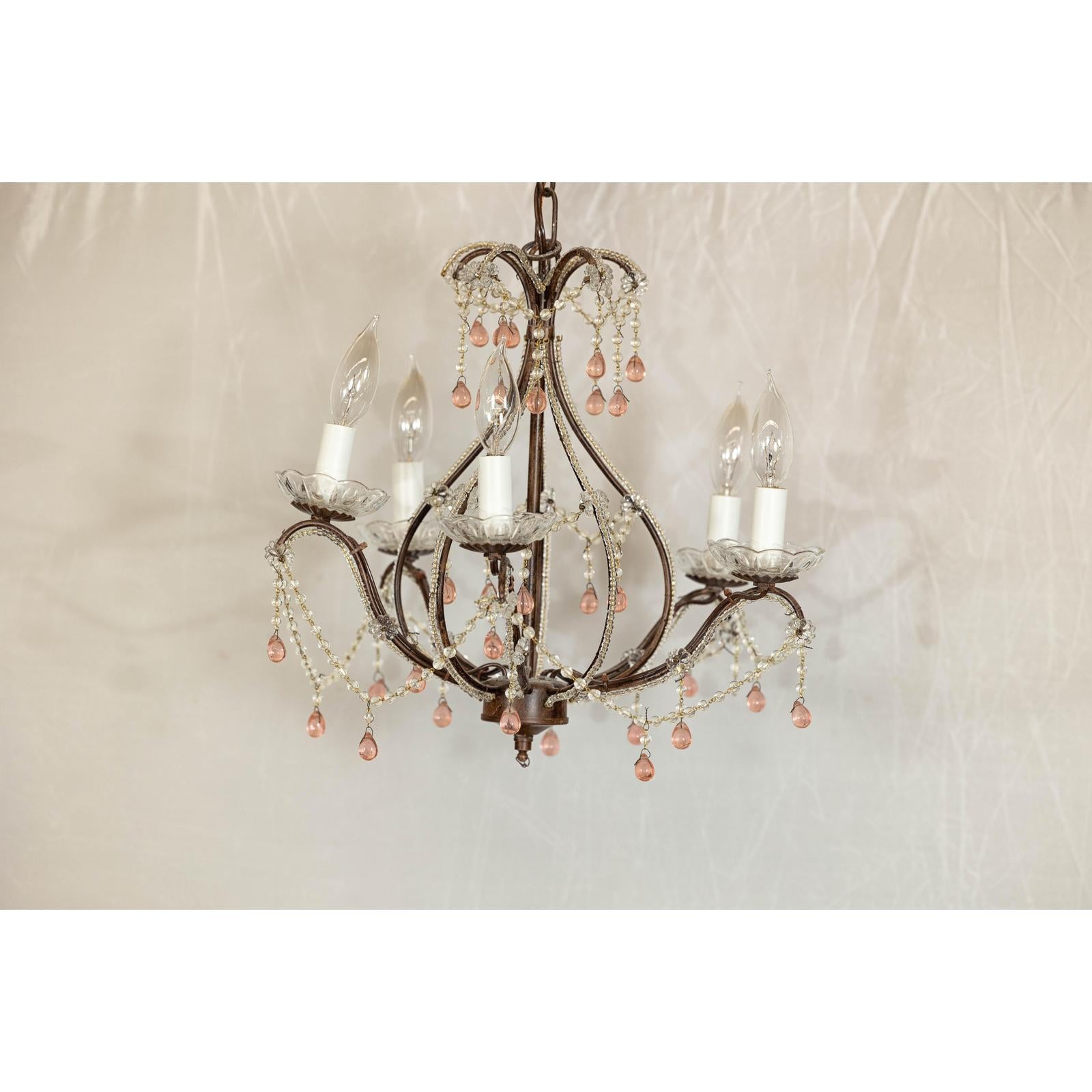Five Lights Crystal Chandelier with Pink Glass Drops Circa 1950, Wired