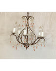 Five Lights Crystal Chandelier with Pink Glass Drops Circa 1950, Wired