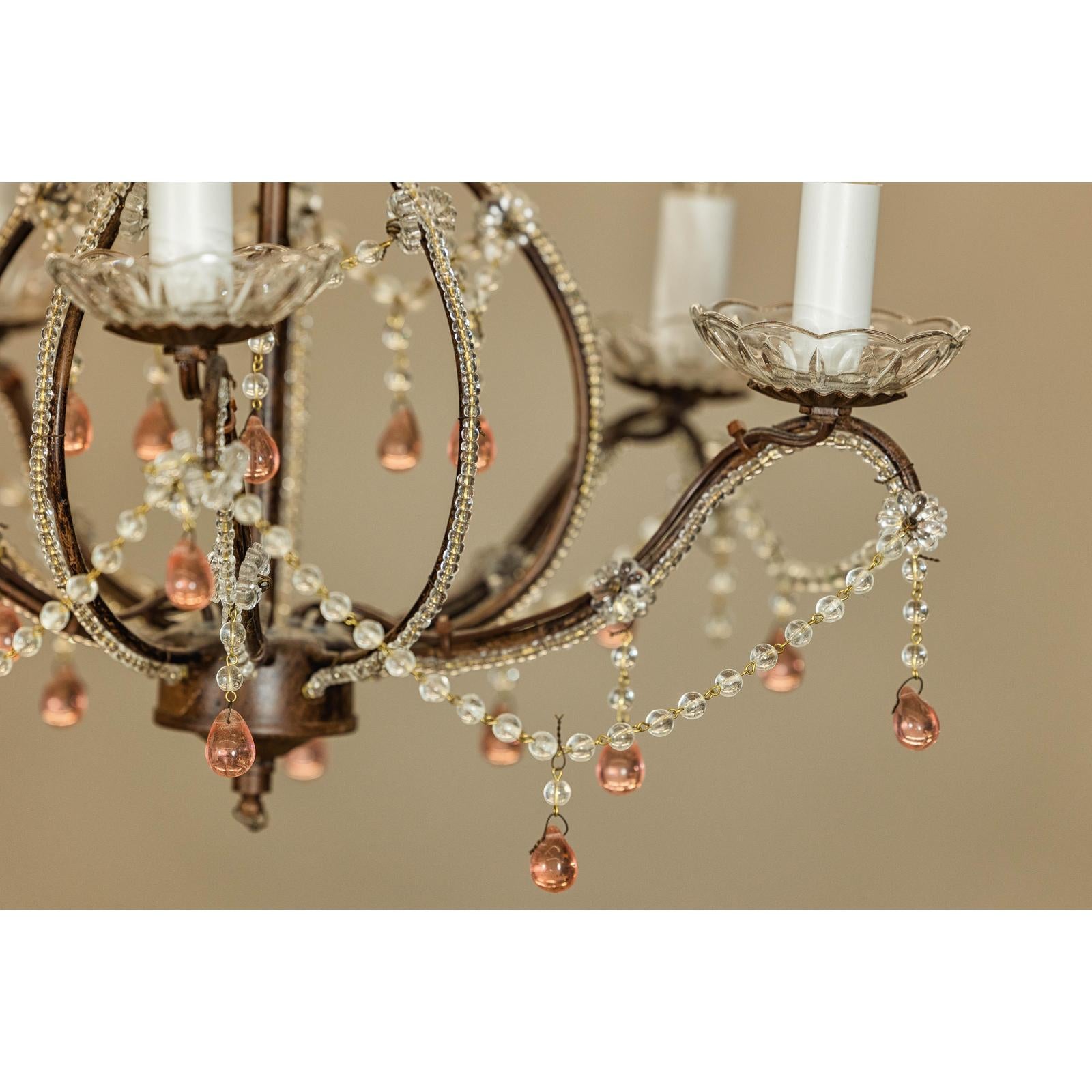 Five Lights Crystal Chandelier with Pink Glass Drops Circa 1950, Wired