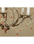 Five Lights Crystal Chandelier with Pink Glass Drops Circa 1950, Wired