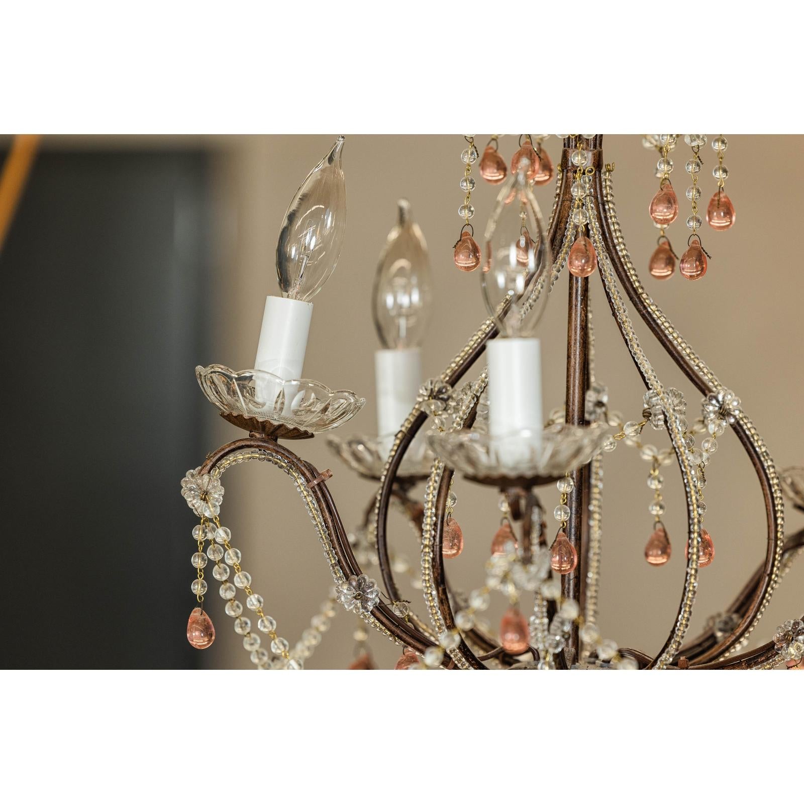 Five Lights Crystal Chandelier with Pink Glass Drops Circa 1950, Wired