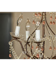 Five Lights Crystal Chandelier with Pink Glass Drops Circa 1950, Wired