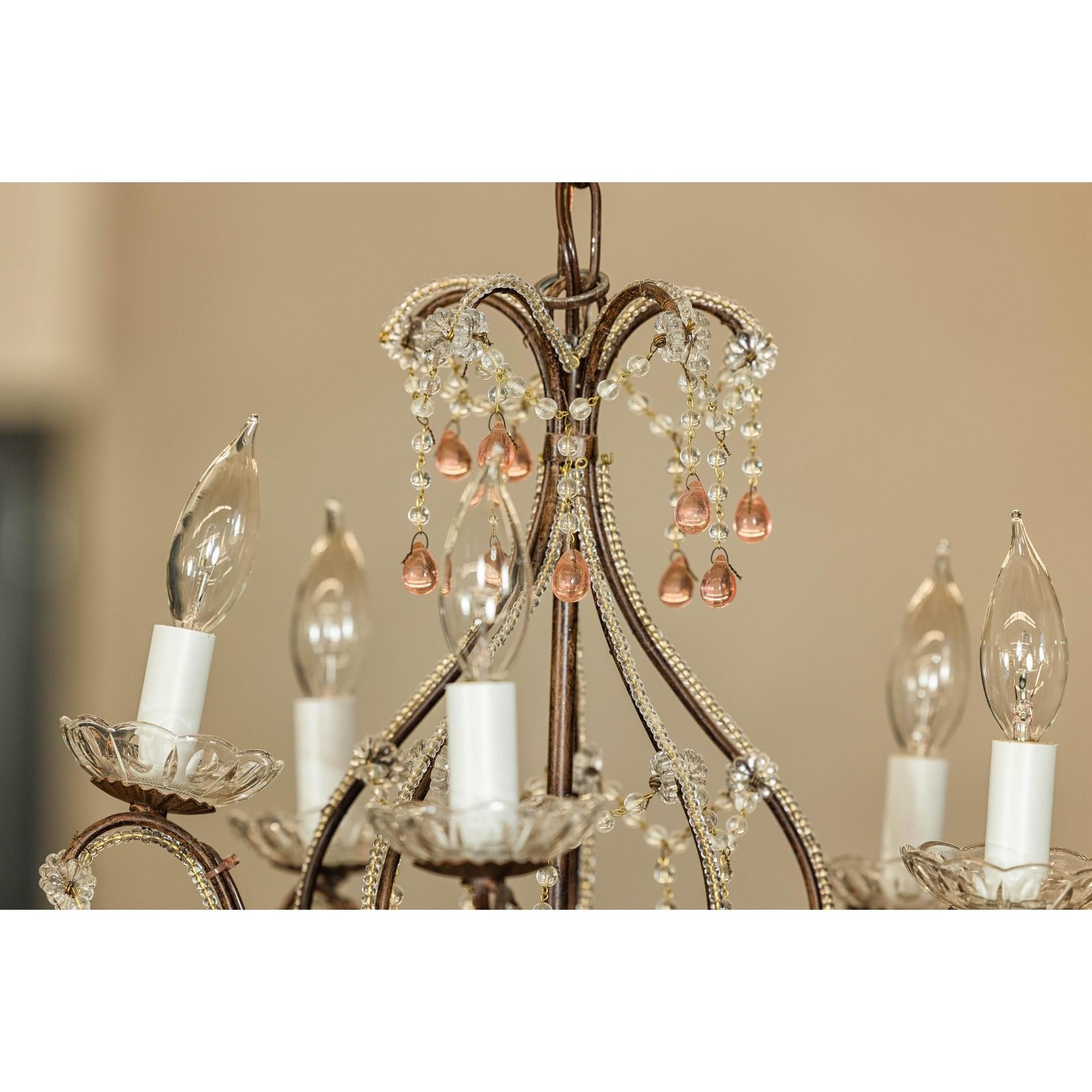Five Lights Crystal Chandelier with Pink Glass Drops Circa 1950, Wired