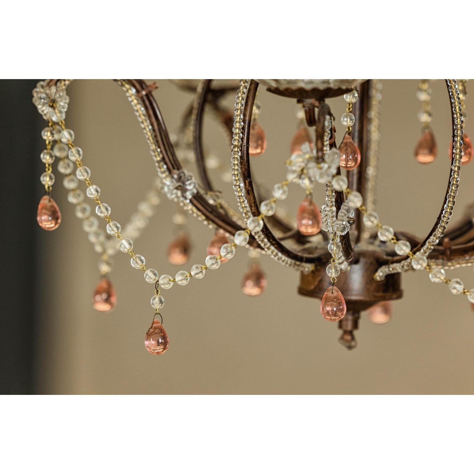 Five Lights Crystal Chandelier with Pink Glass Drops Circa 1950, Wired
