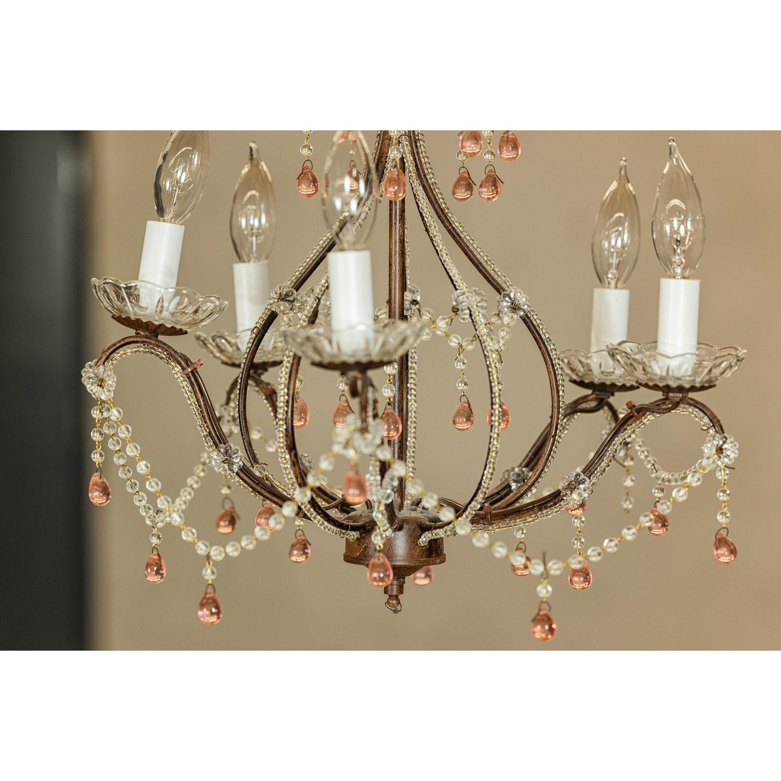 Five Lights Crystal Chandelier with Pink Glass Drops Circa 1950, Wired