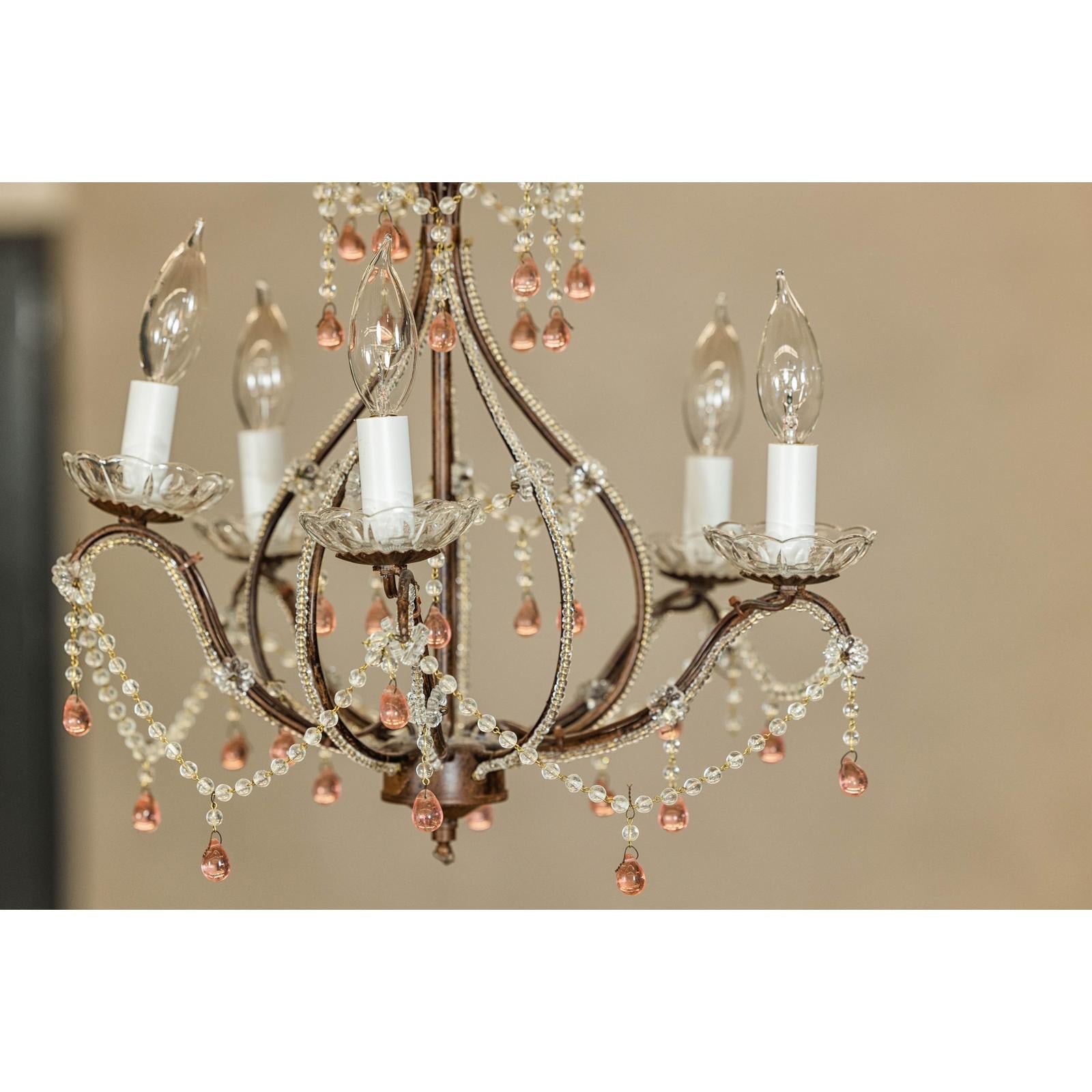Five Lights Crystal Chandelier with Pink Glass Drops Circa 1950, Wired