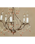 Five Lights Crystal Chandelier with Pink Glass Drops Circa 1950, Wired