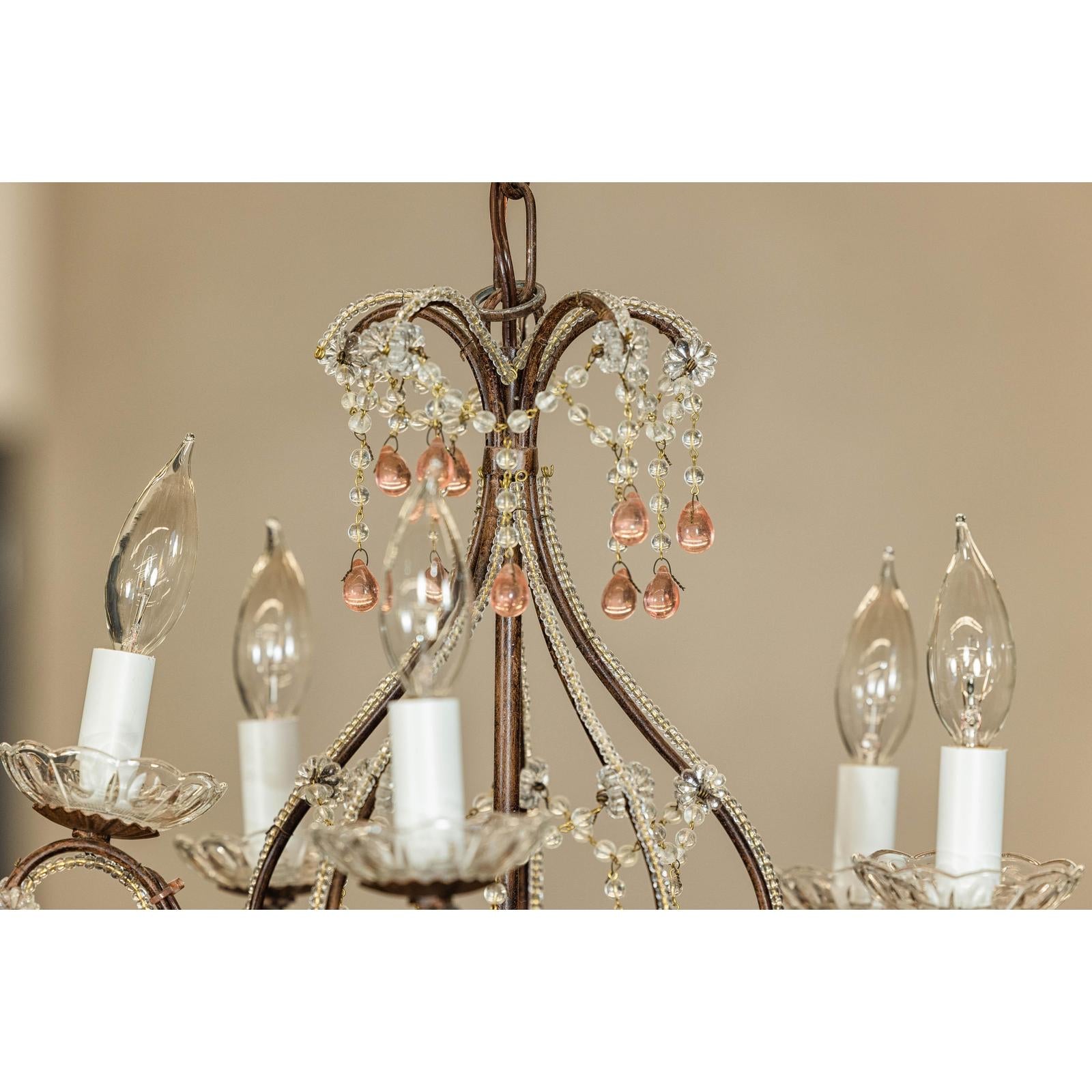 Five Lights Crystal Chandelier with Pink Glass Drops Circa 1950, Wired