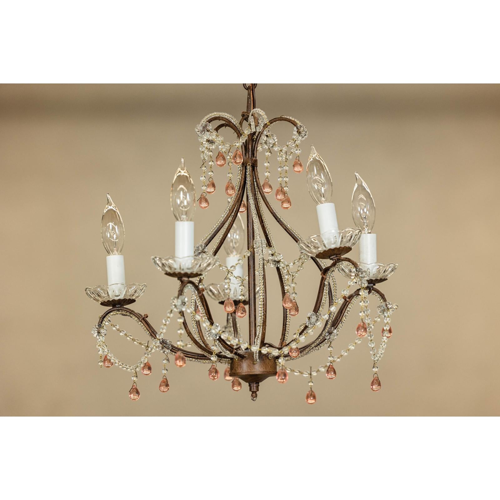 Five Lights Crystal Chandelier with Pink Glass Drops Circa 1950, Wired