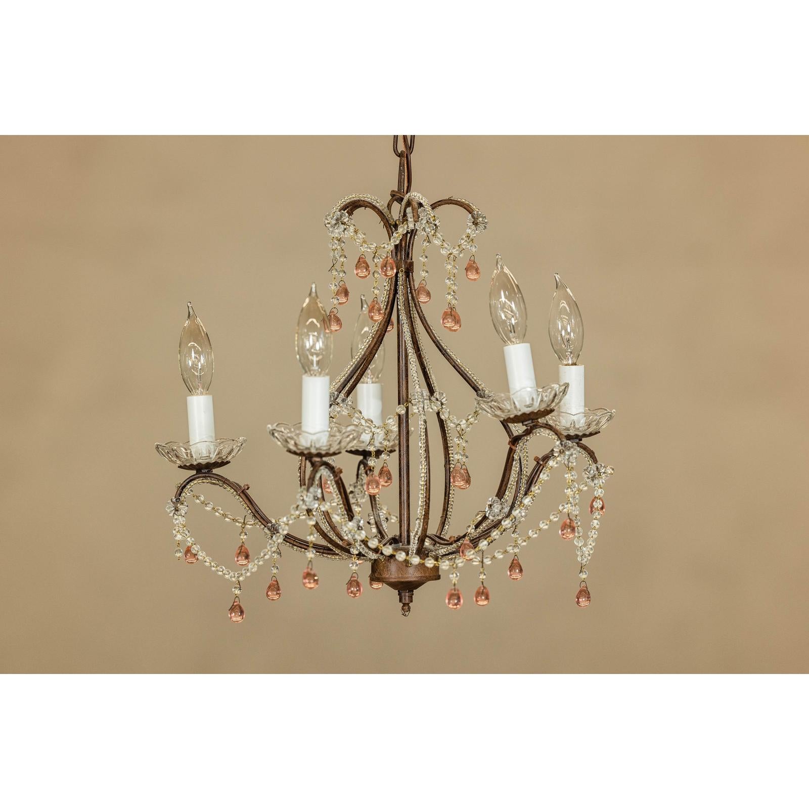 Five Lights Crystal Chandelier with Pink Glass Drops Circa 1950, Wired