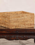 Vintage Country Style Rectangular Rattan Storage Box with Removable Tray Lid