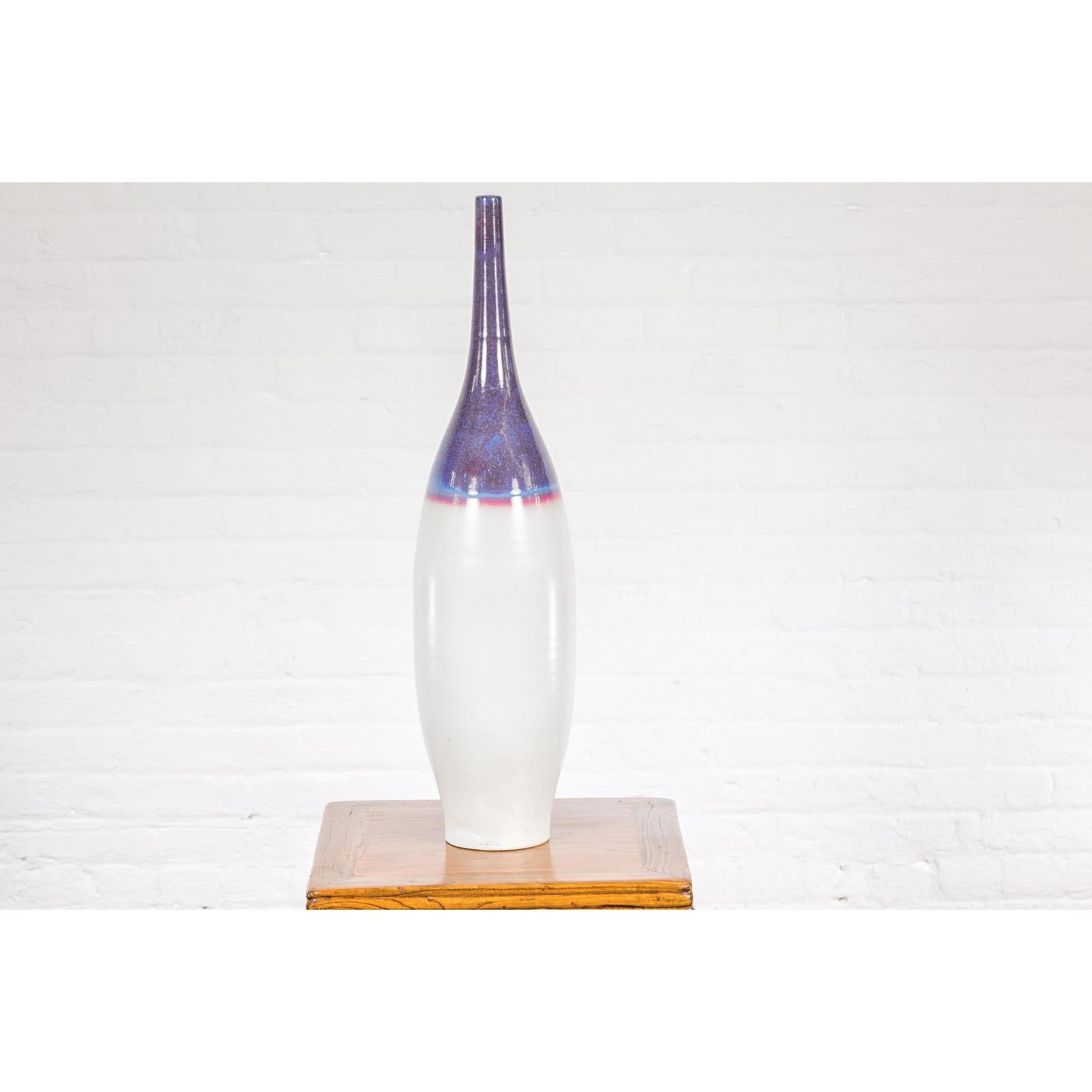 White & Purple Ceramic Vase with Skinny Neck