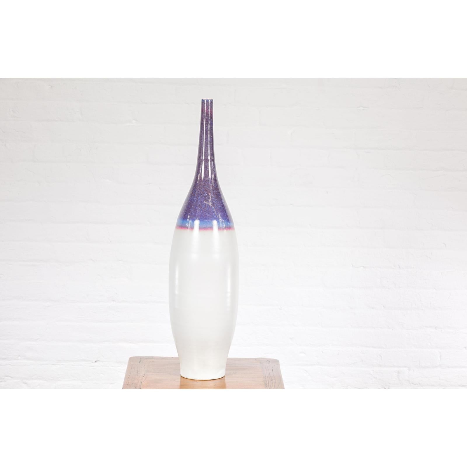 White & Purple Ceramic Vase with Skinny Neck