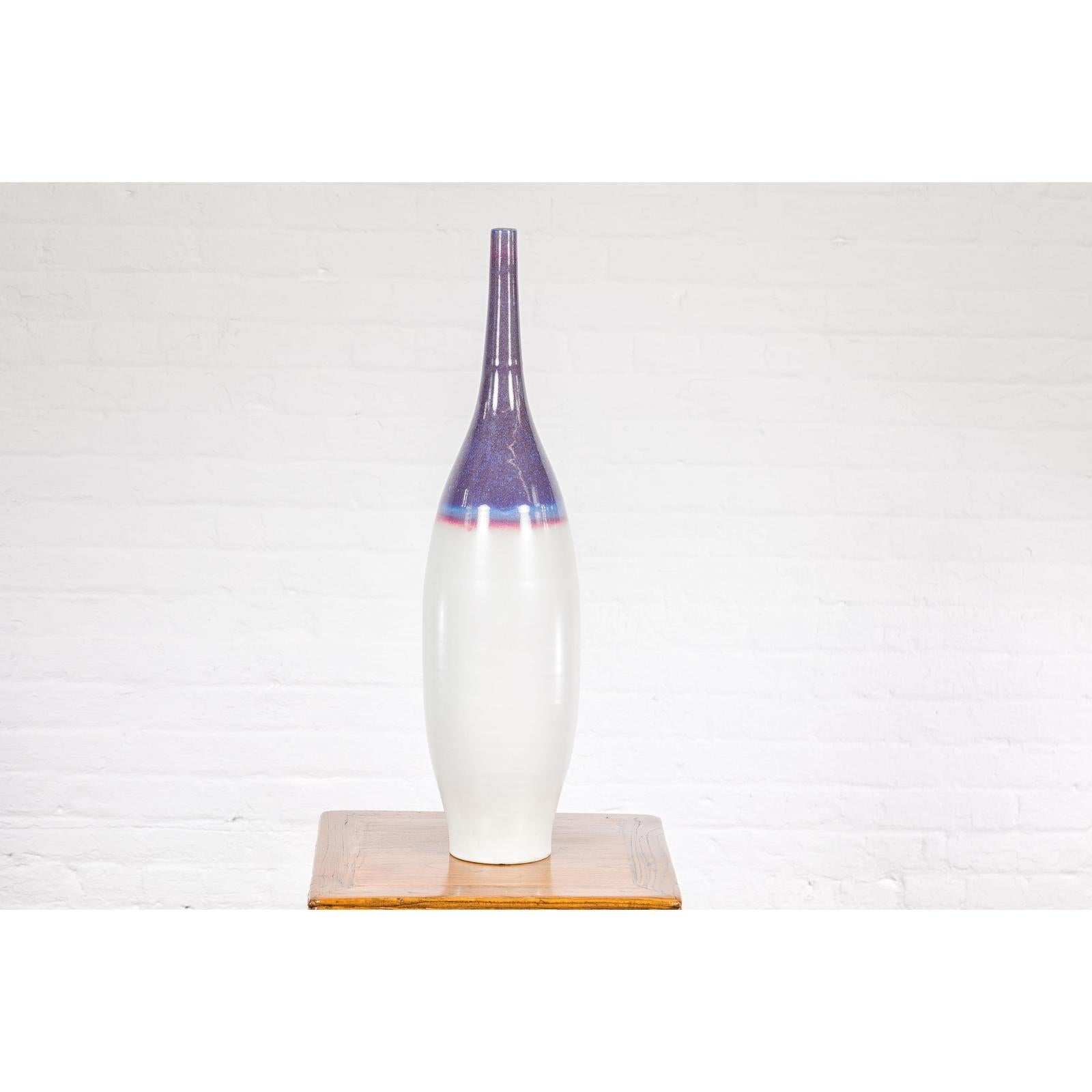 White & Purple Ceramic Vase with Skinny Neck