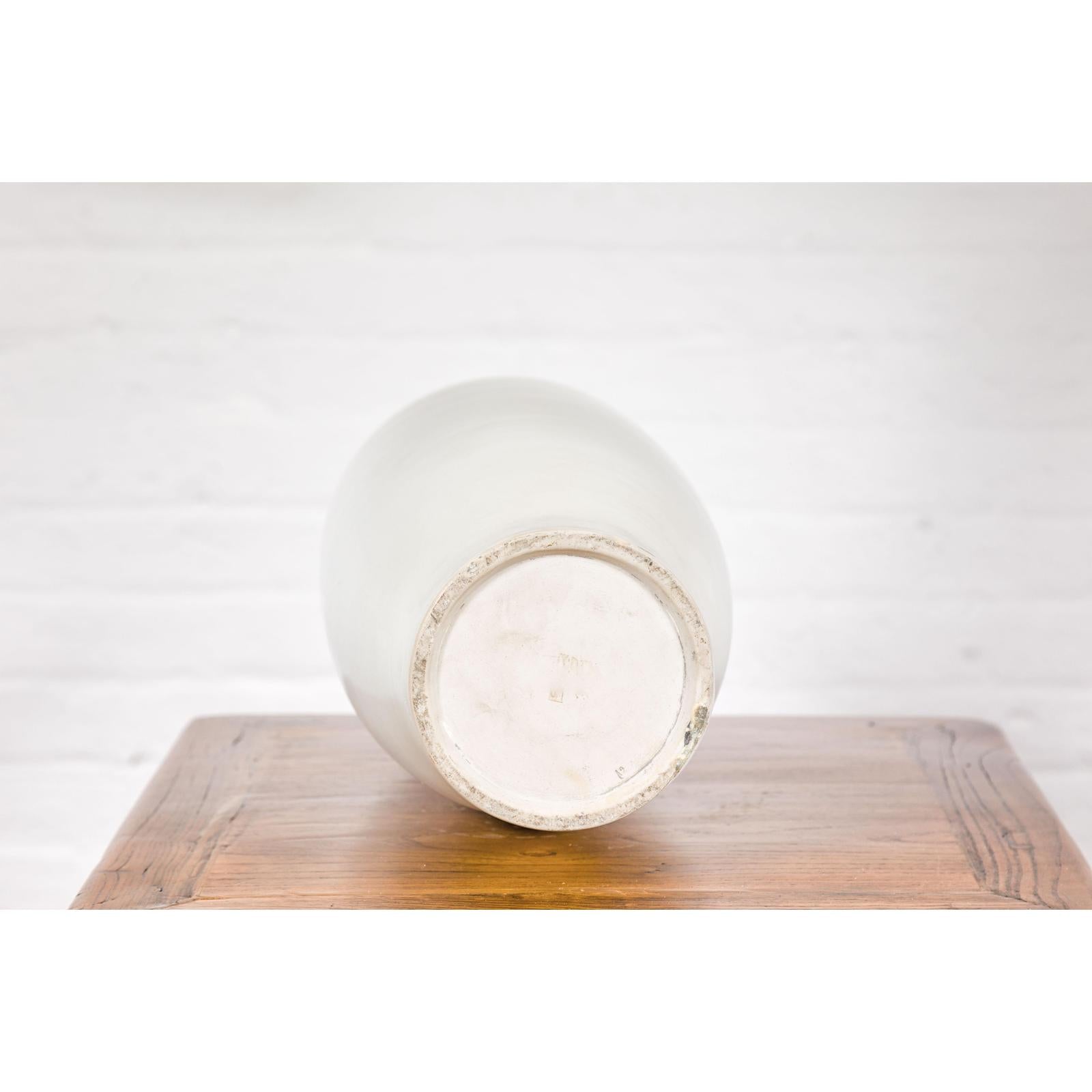 White & Purple Ceramic Vase with Skinny Neck