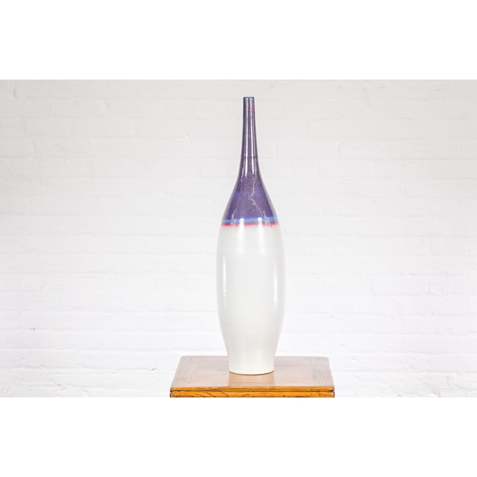 White & Purple Ceramic Vase with Skinny Neck