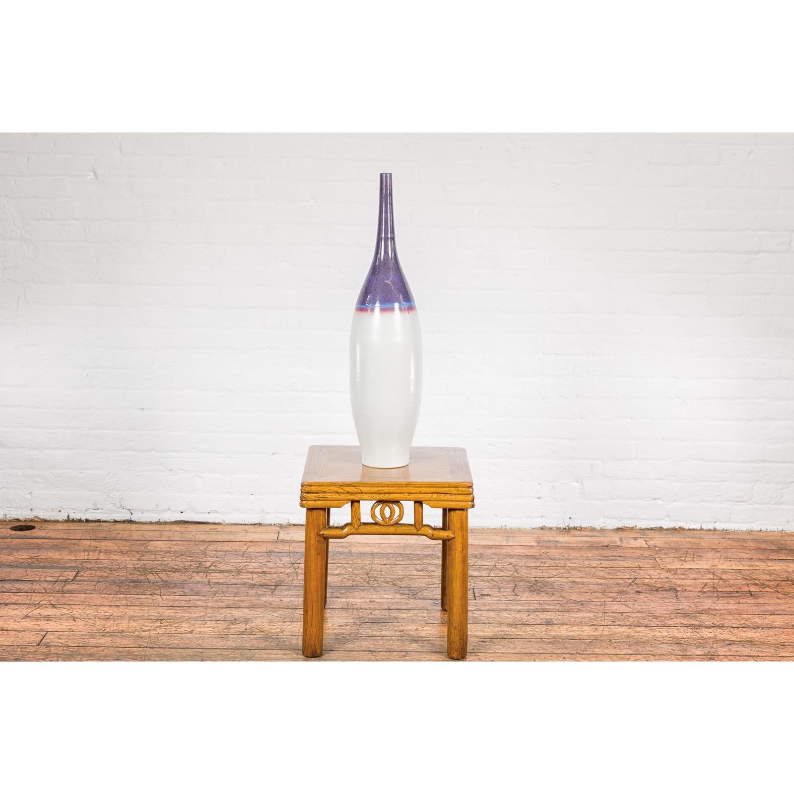 White & Purple Ceramic Vase with Skinny Neck