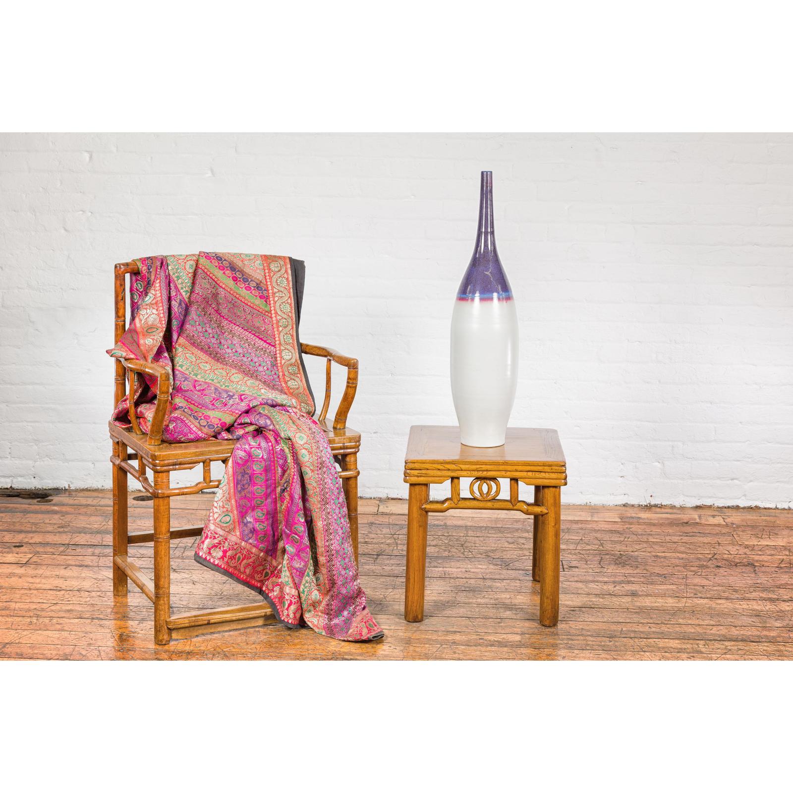 White & Purple Ceramic Vase with Skinny Neck