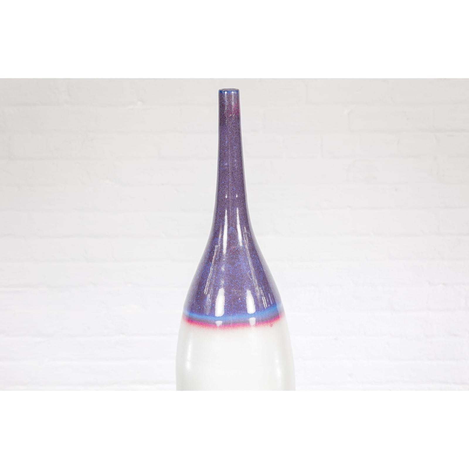 White & Purple Ceramic Vase with Skinny Neck