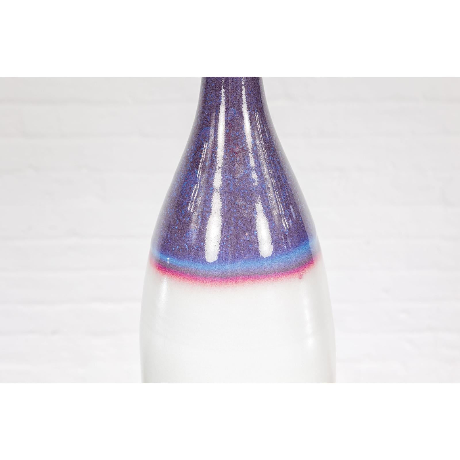 White & Purple Ceramic Vase with Skinny Neck