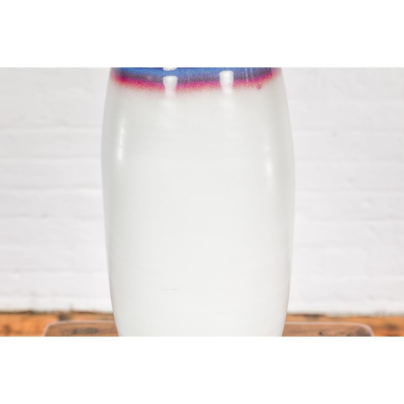 White & Purple Ceramic Vase with Skinny Neck