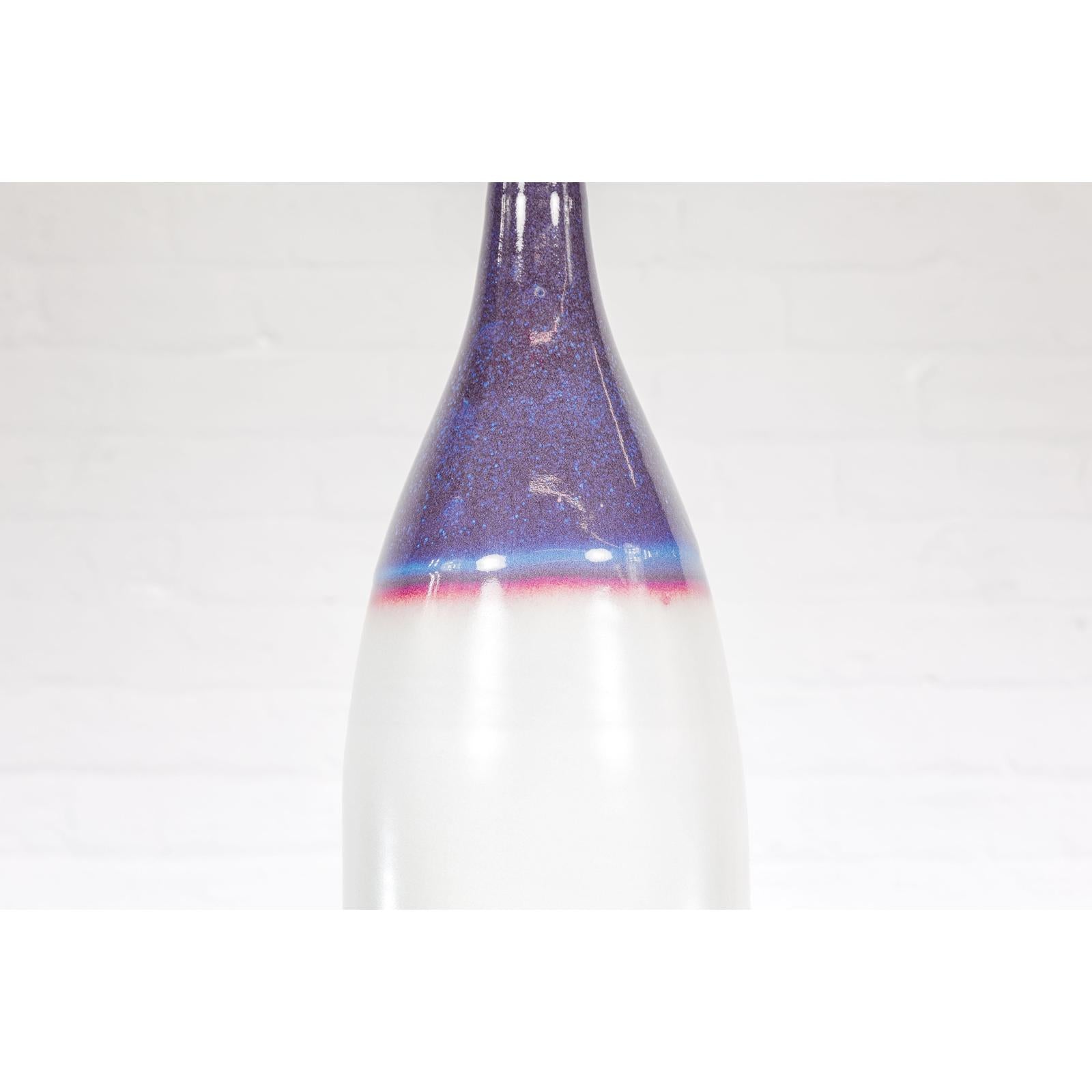 White & Purple Ceramic Vase with Skinny Neck