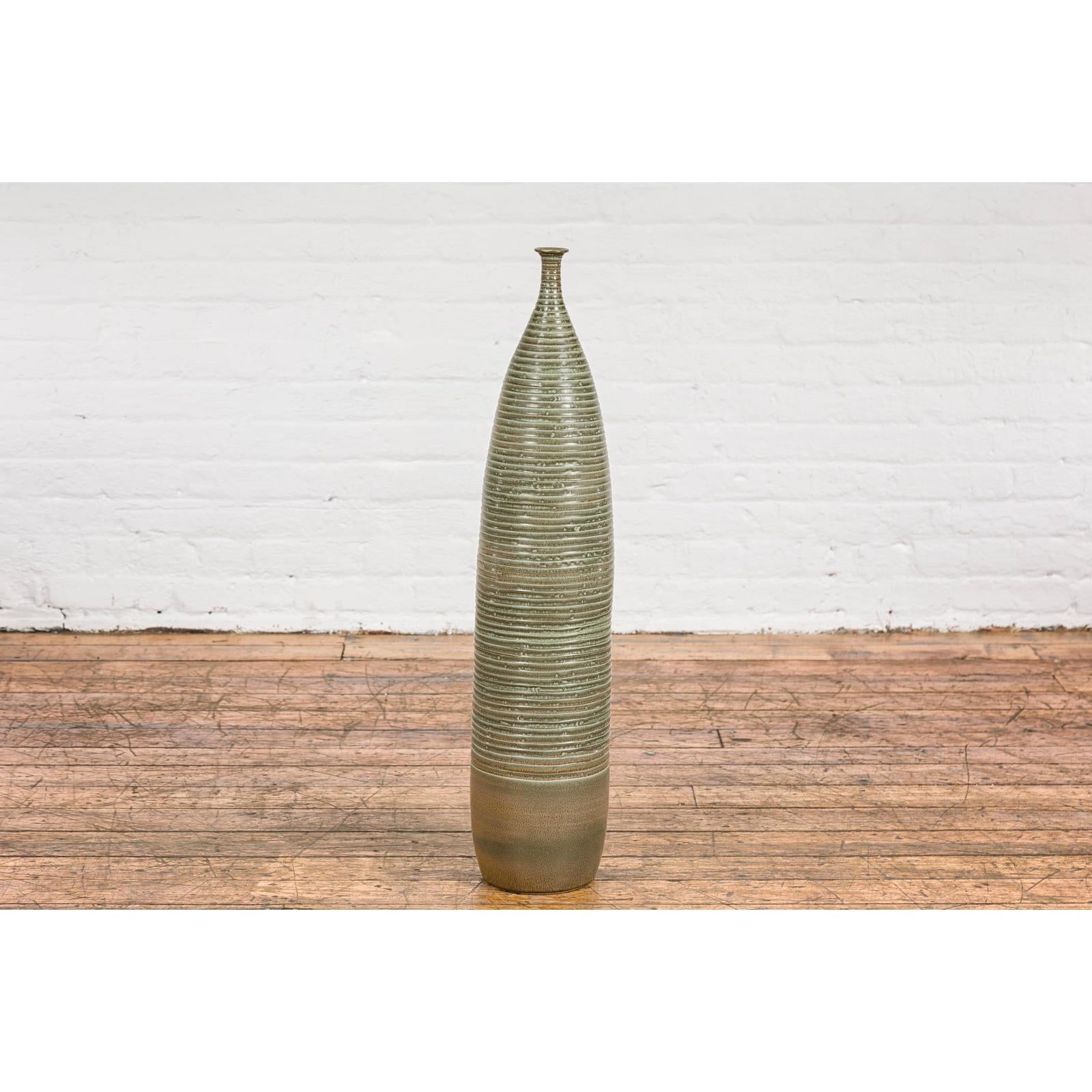 Tall & Slender Green Glazed Ceramic Vase