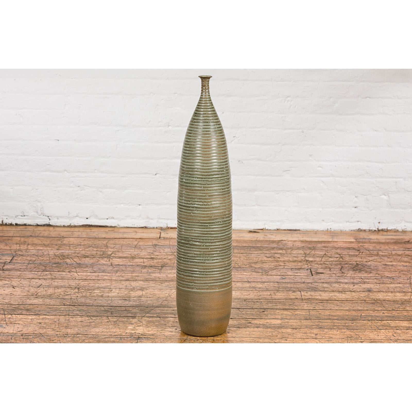 Tall & Slender Green Glazed Ceramic Vase