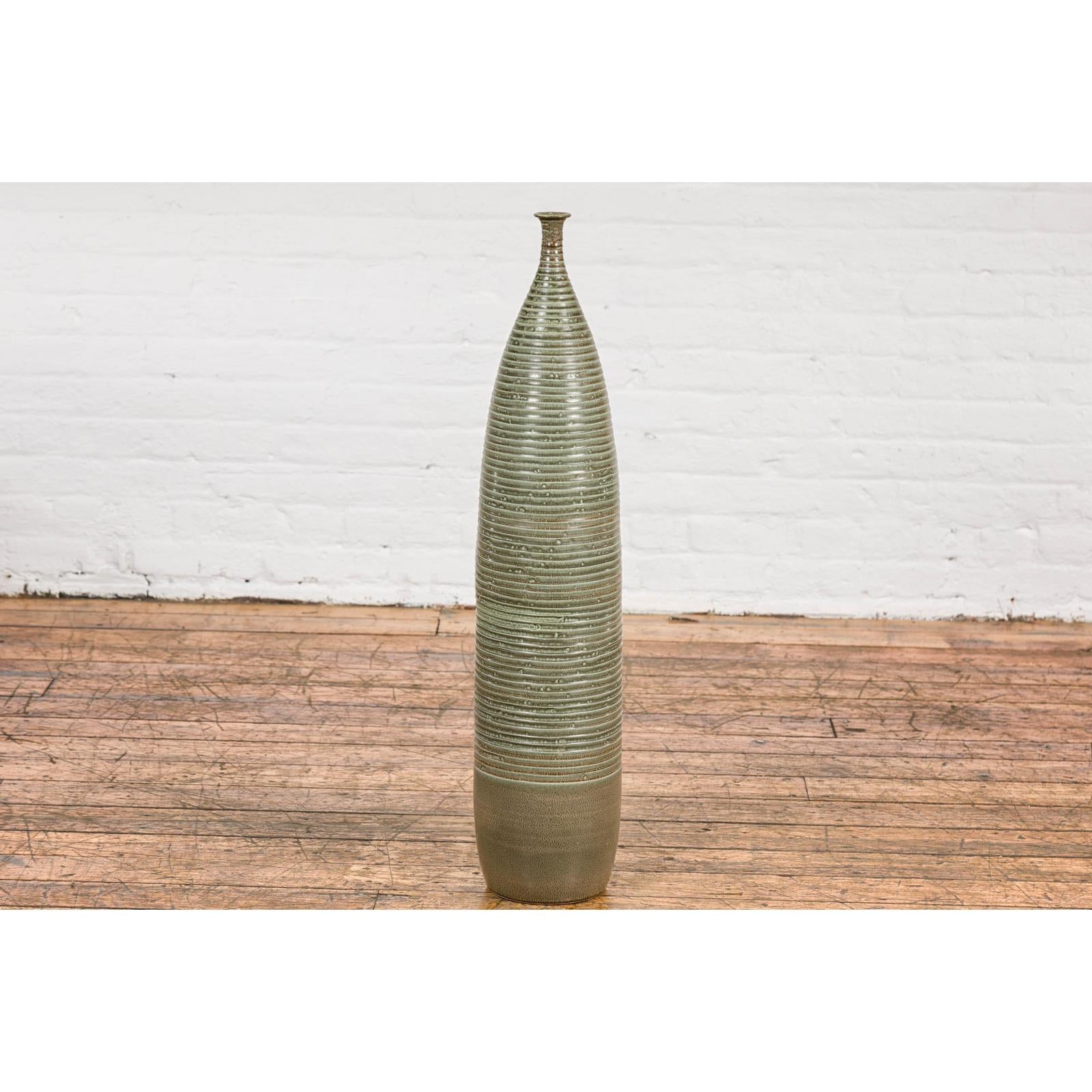 Tall & Slender Green Glazed Ceramic Vase