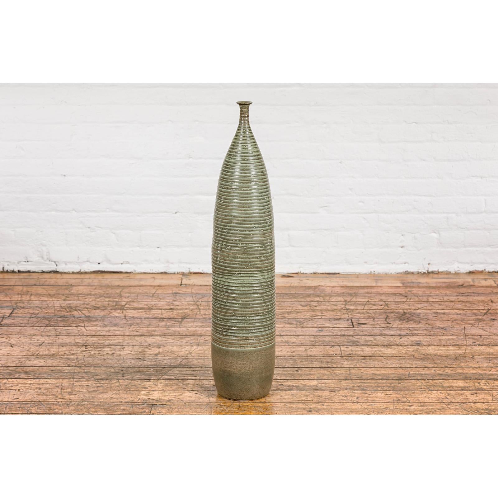 Tall & Slender Green Glazed Ceramic Vase
