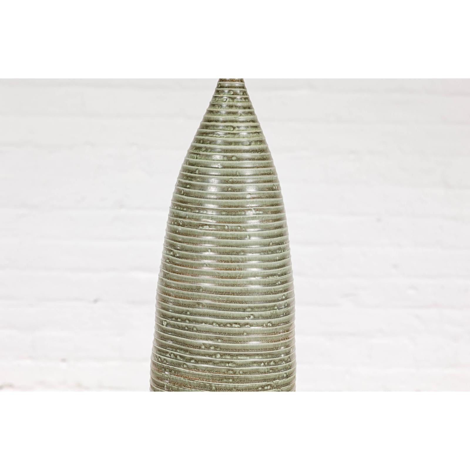 Tall & Slender Green Glazed Ceramic Vase
