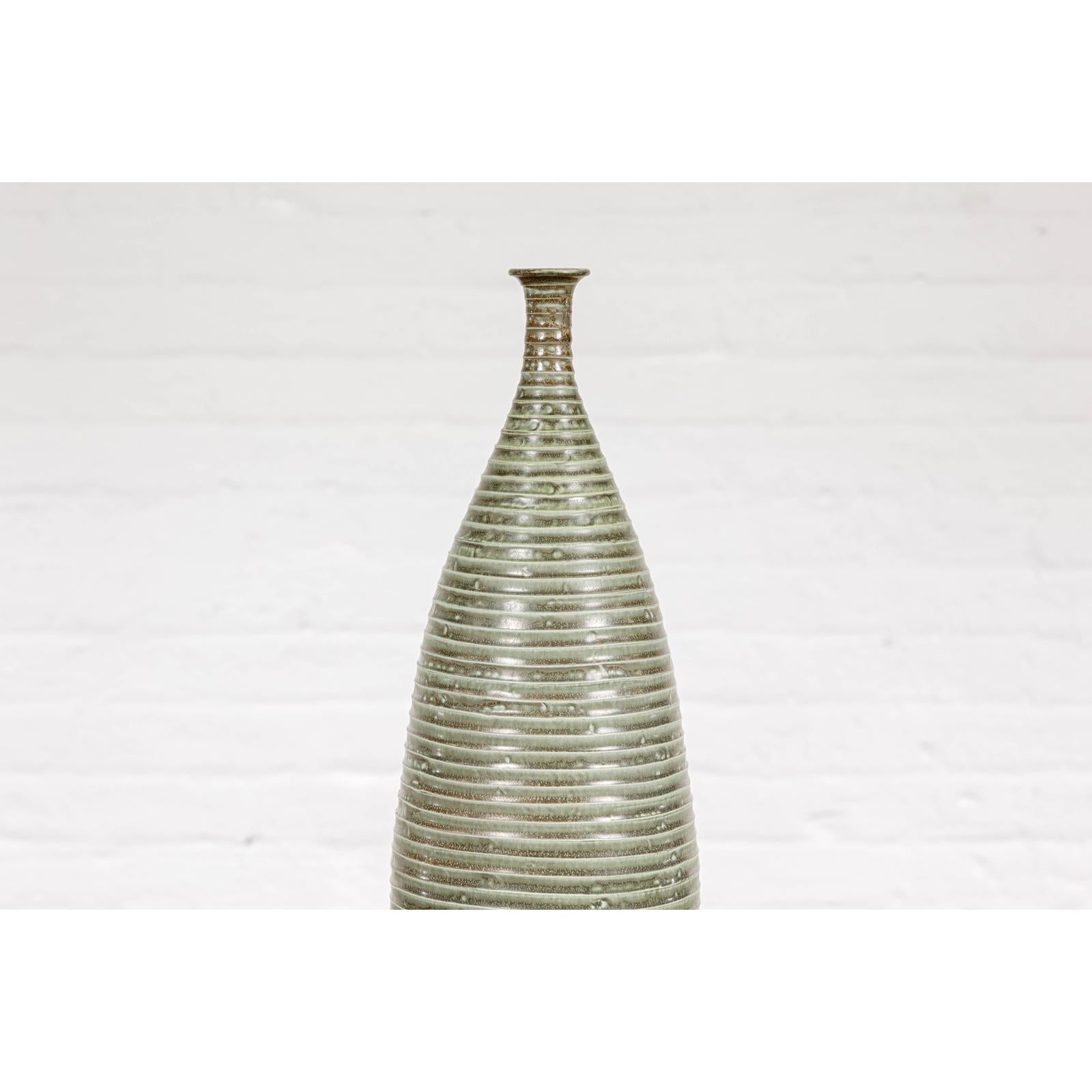 Tall & Slender Green Glazed Ceramic Vase