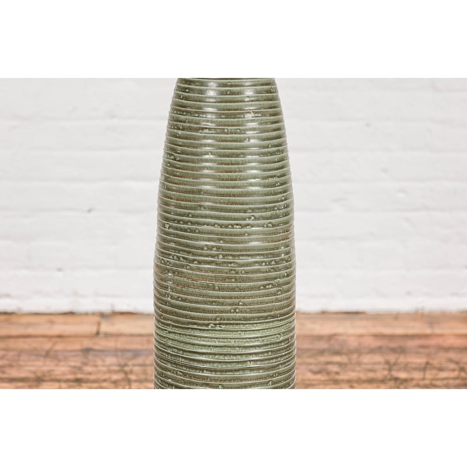 Tall & Slender Green Glazed Ceramic Vase