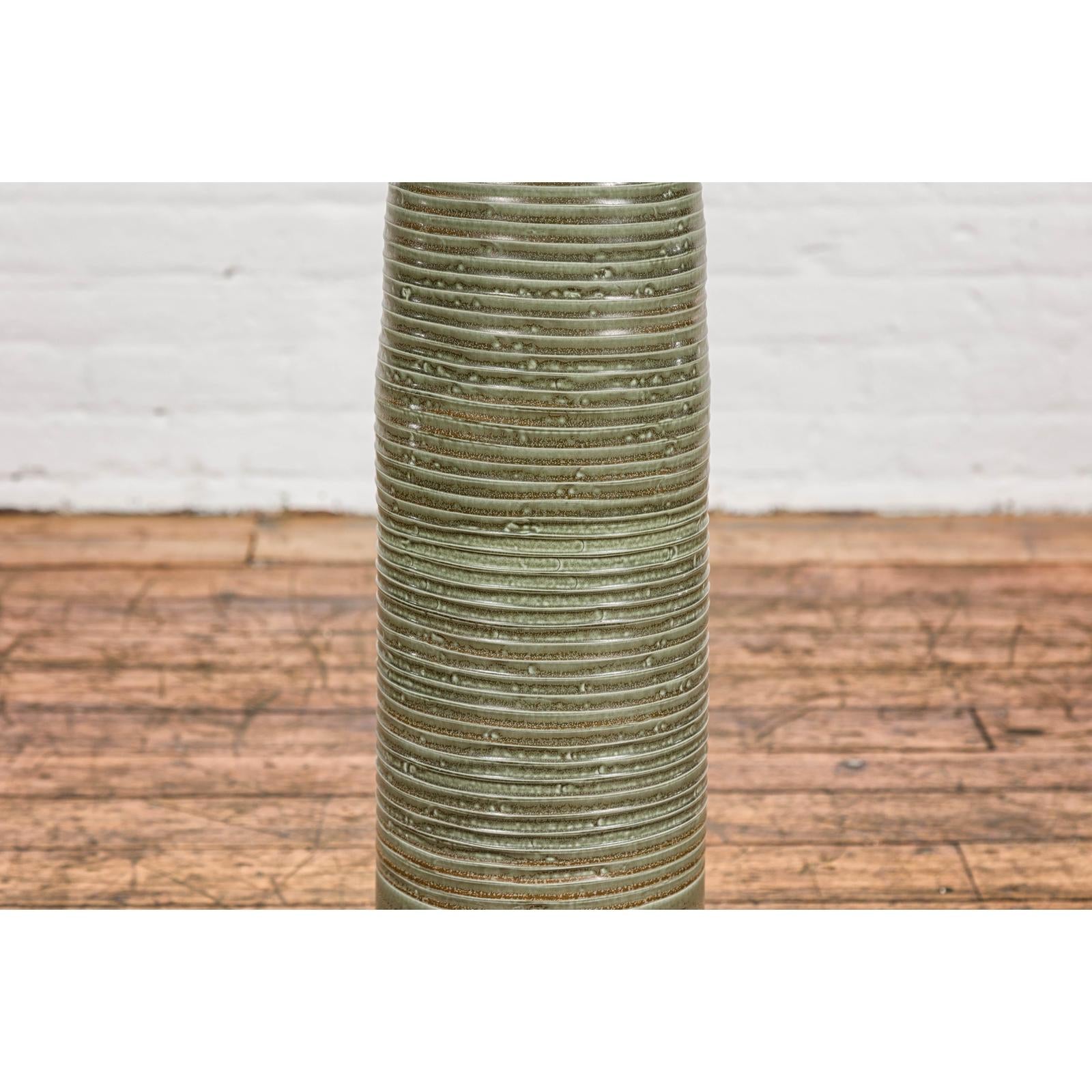 Tall & Slender Green Glazed Ceramic Vase