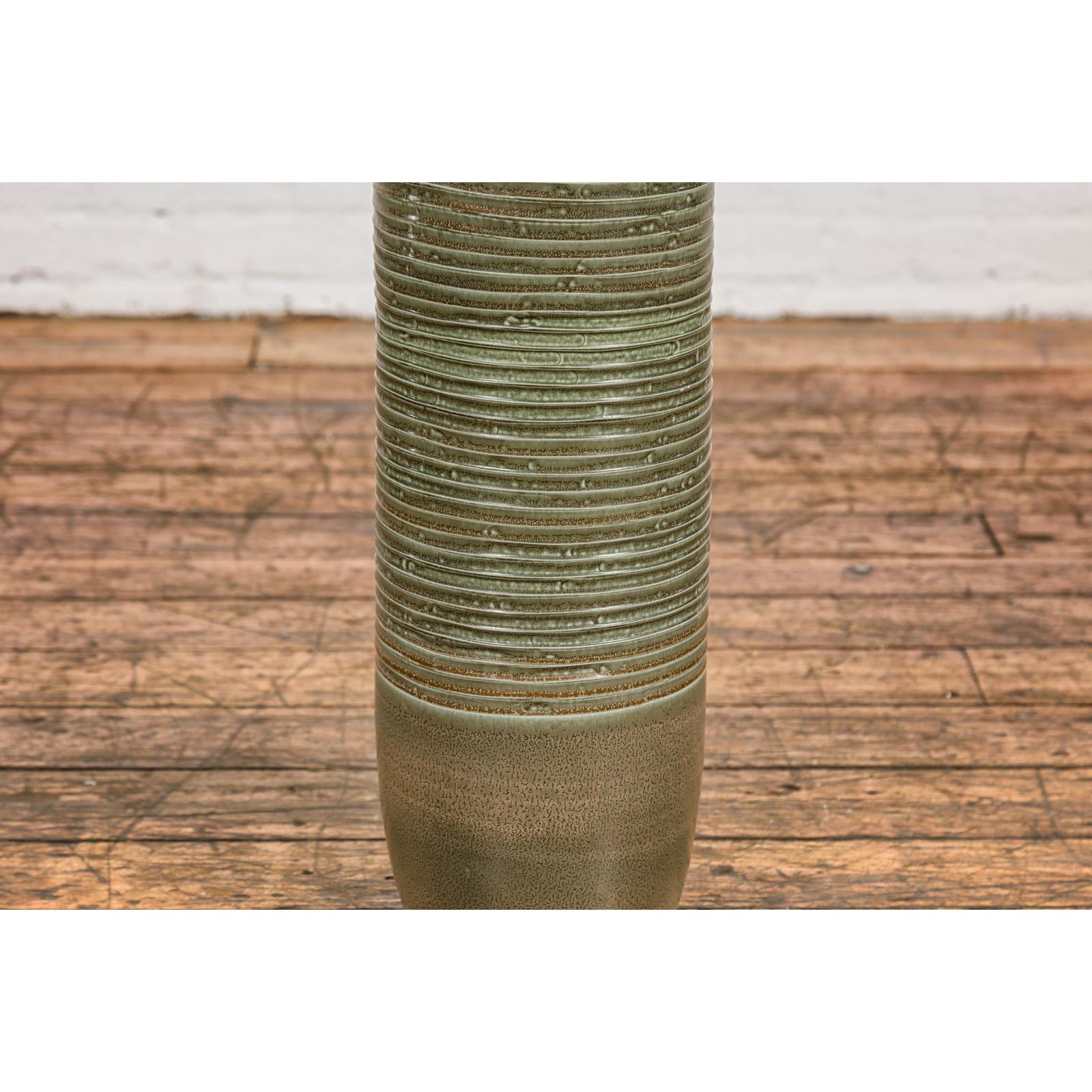 Tall & Slender Green Glazed Ceramic Vase