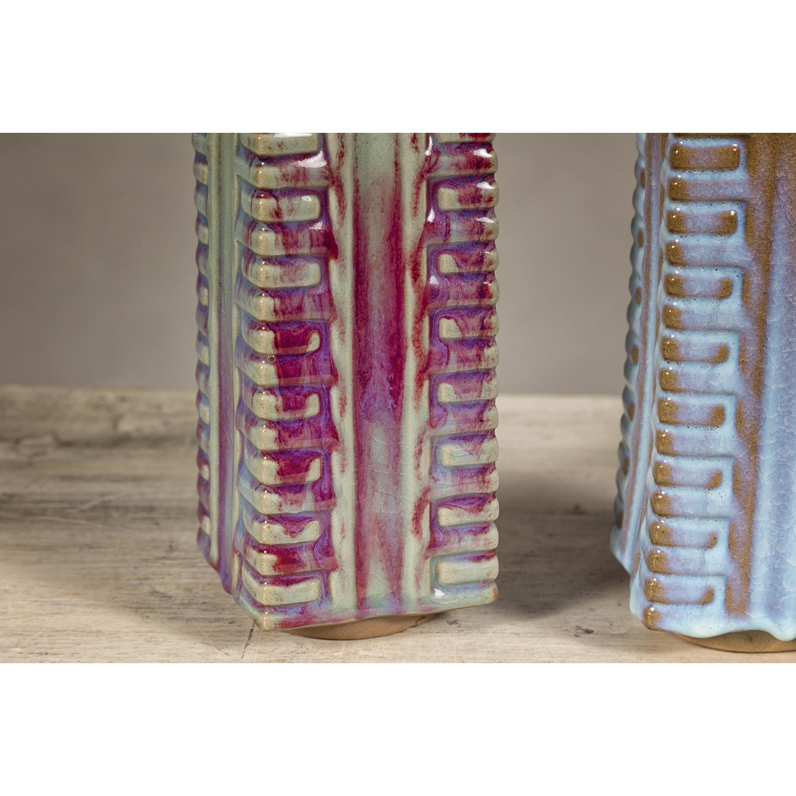 Quadrangular Flambé Vases Inspired by Neolithic Ritual Cong Objects, Sold Each
