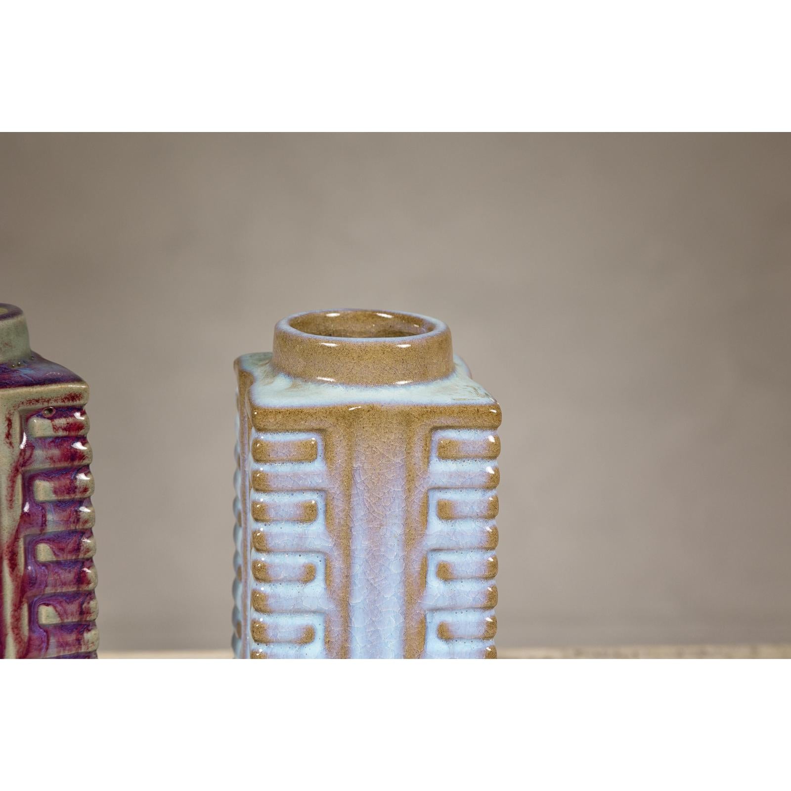 Quadrangular Flambé Vases Inspired by Neolithic Ritual Cong Objects, Sold Each
