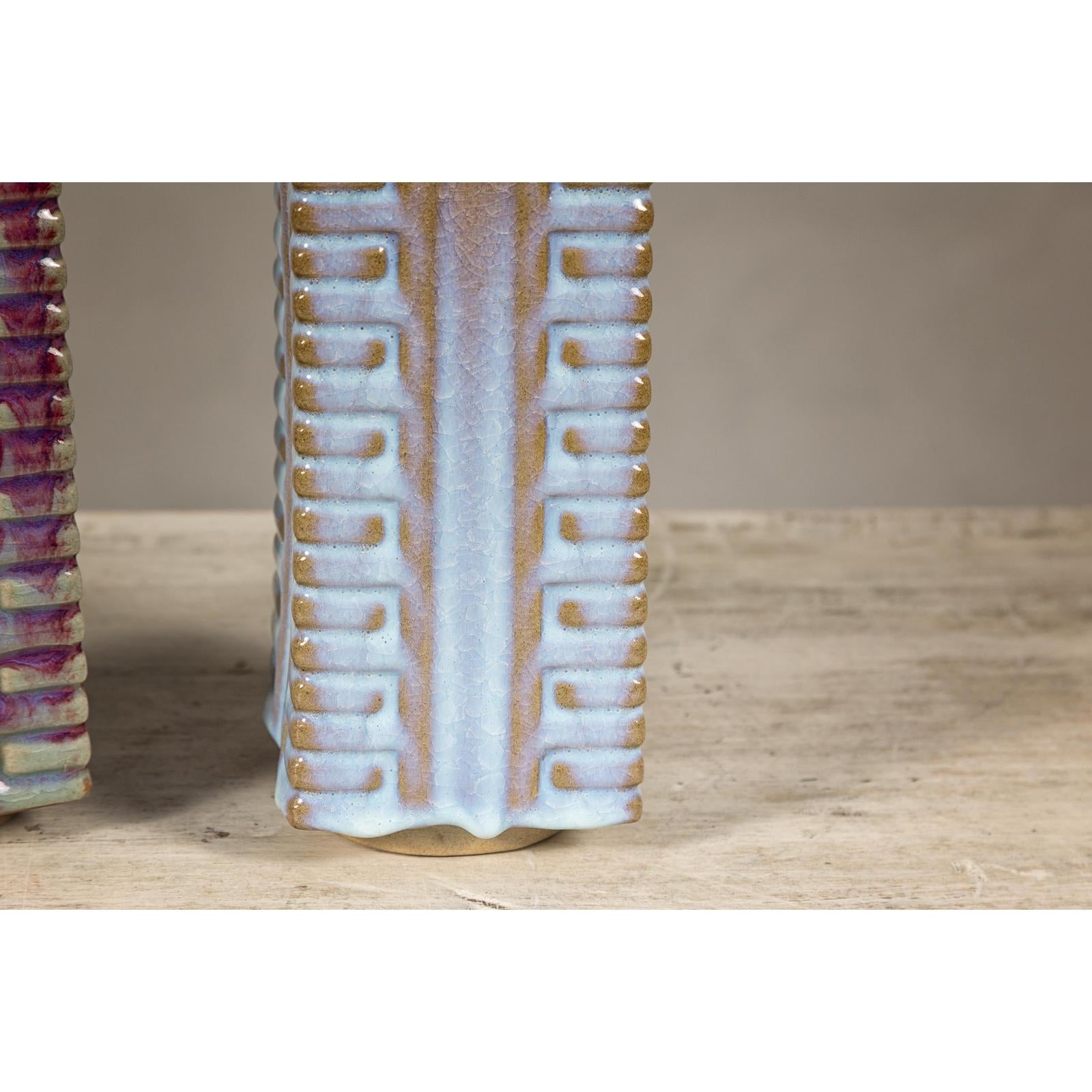 Quadrangular Flambé Vases Inspired by Neolithic Ritual Cong Objects, Sold Each