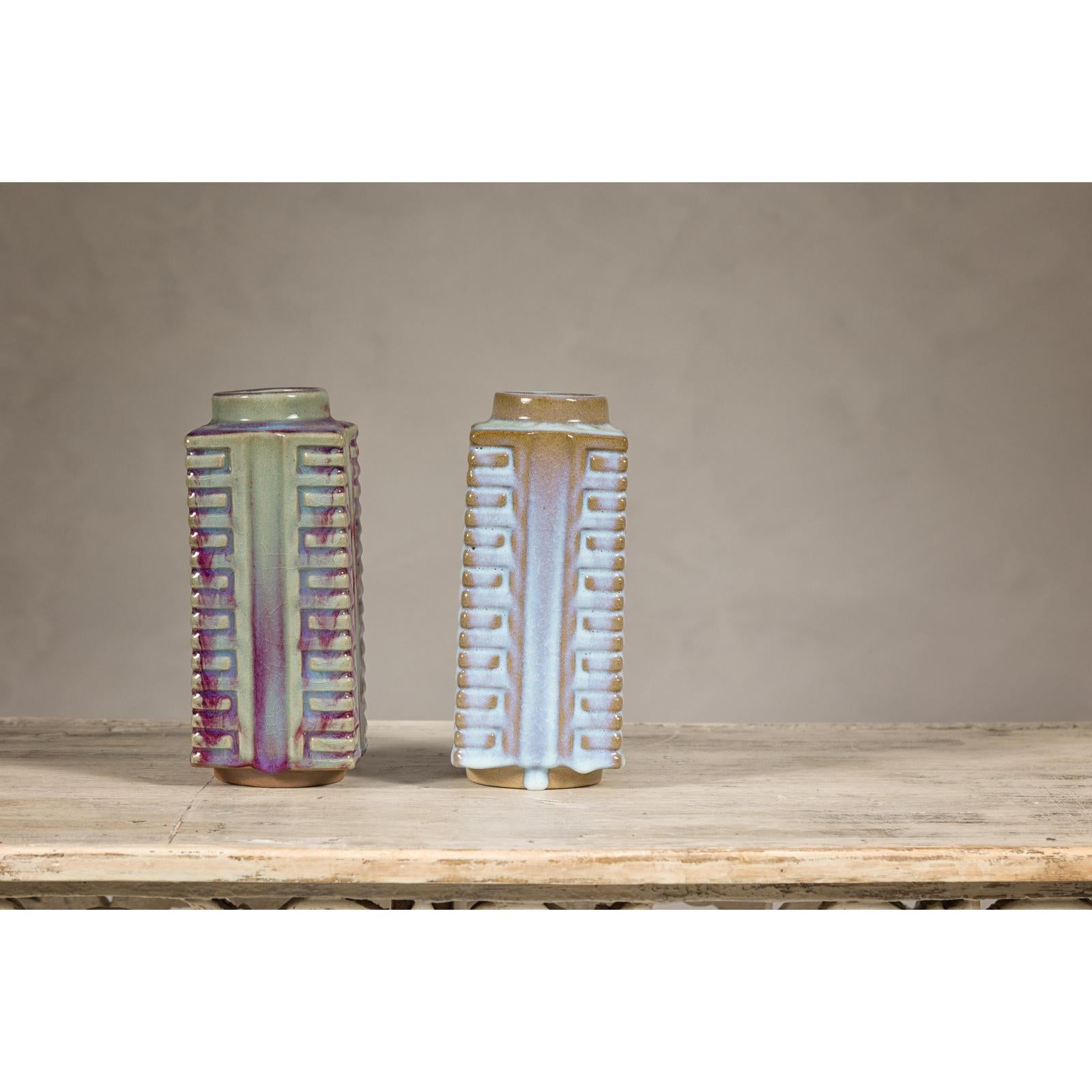 Quadrangular Flambé Vases Inspired by Neolithic Ritual Cong Objects, Sold Each