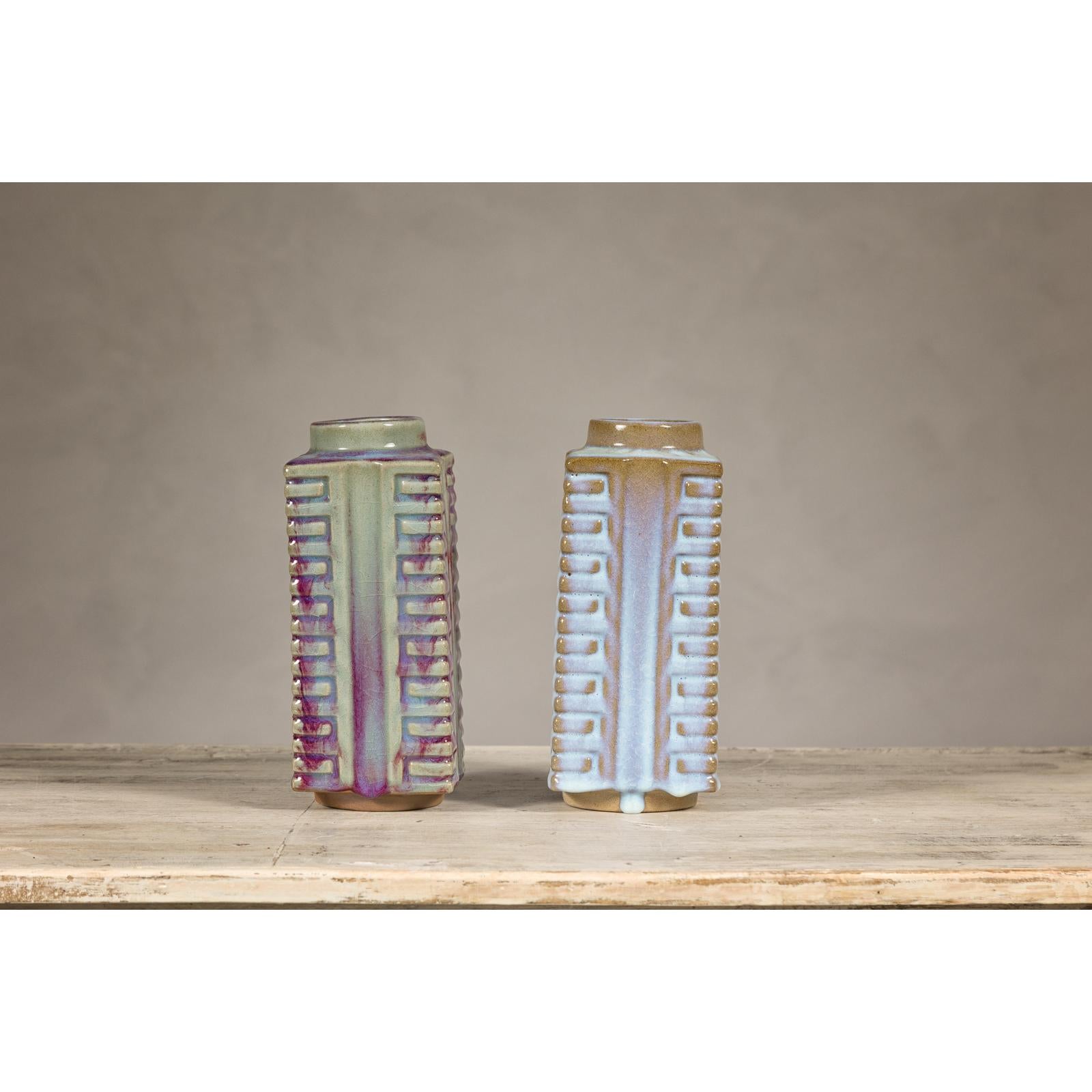 Quadrangular Flambé Vases Inspired by Neolithic Ritual Cong Objects, Sold Each