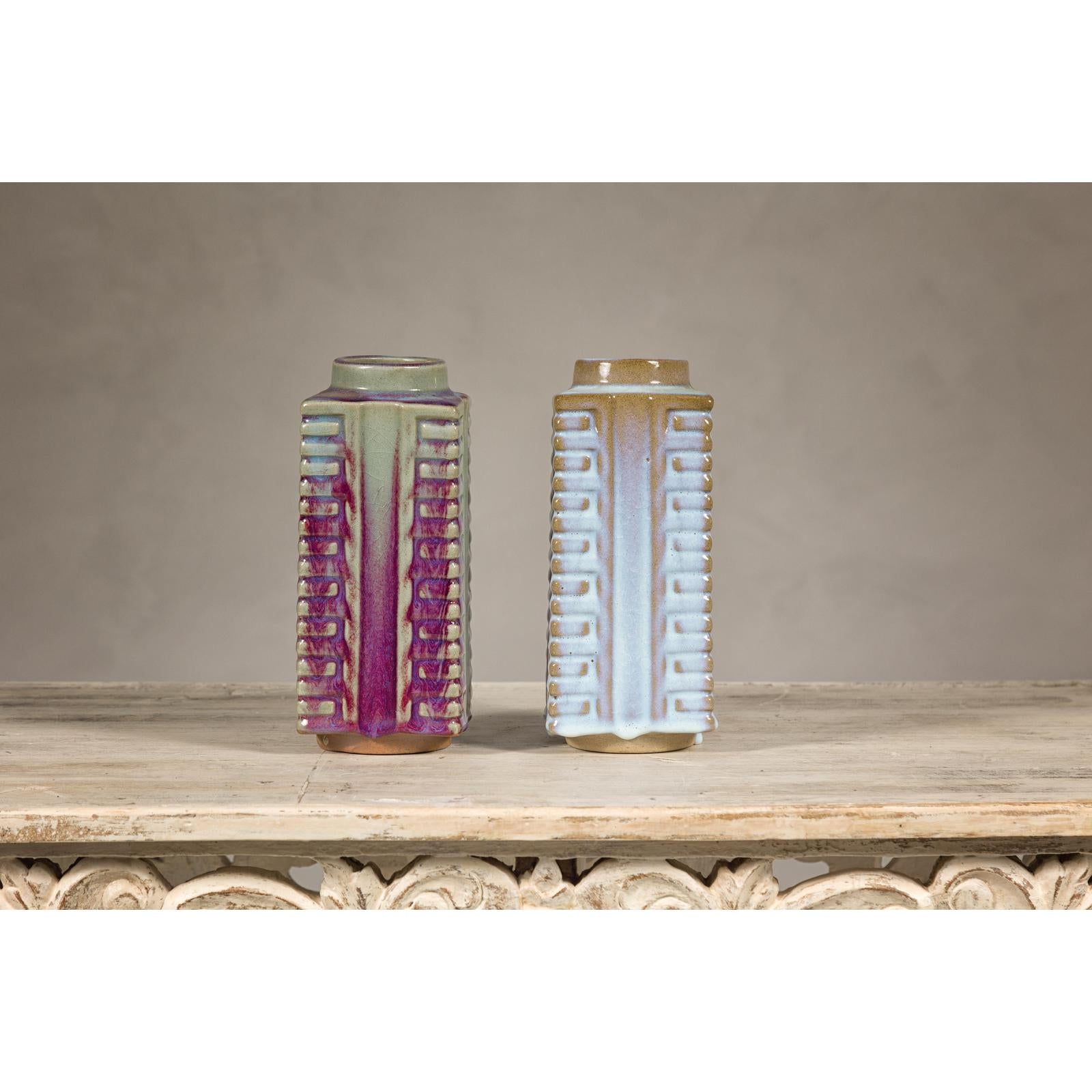Quadrangular Flambé Vases Inspired by Neolithic Ritual Cong Objects, Sold Each