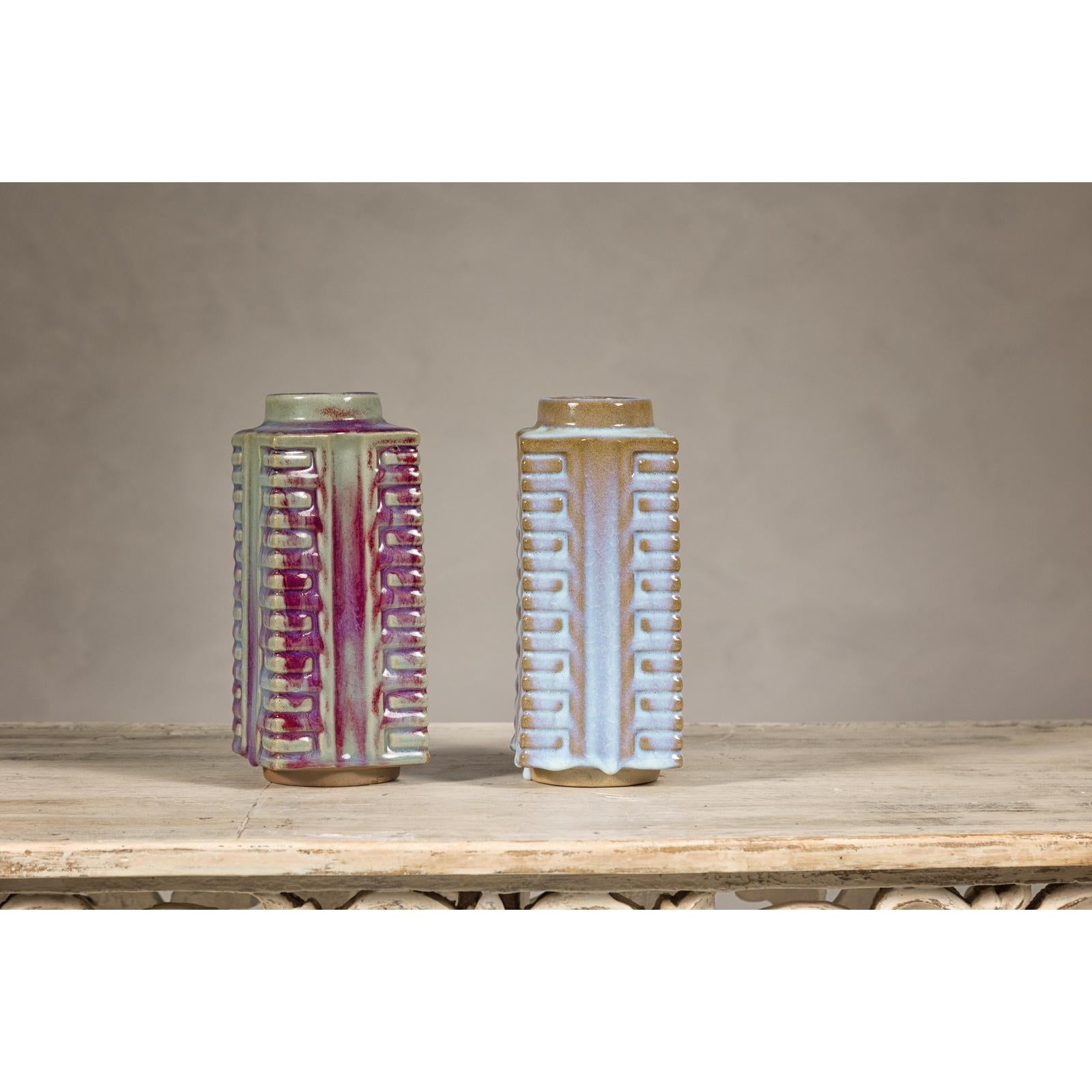 Quadrangular Flambé Vases Inspired by Neolithic Ritual Cong Objects, Sold Each