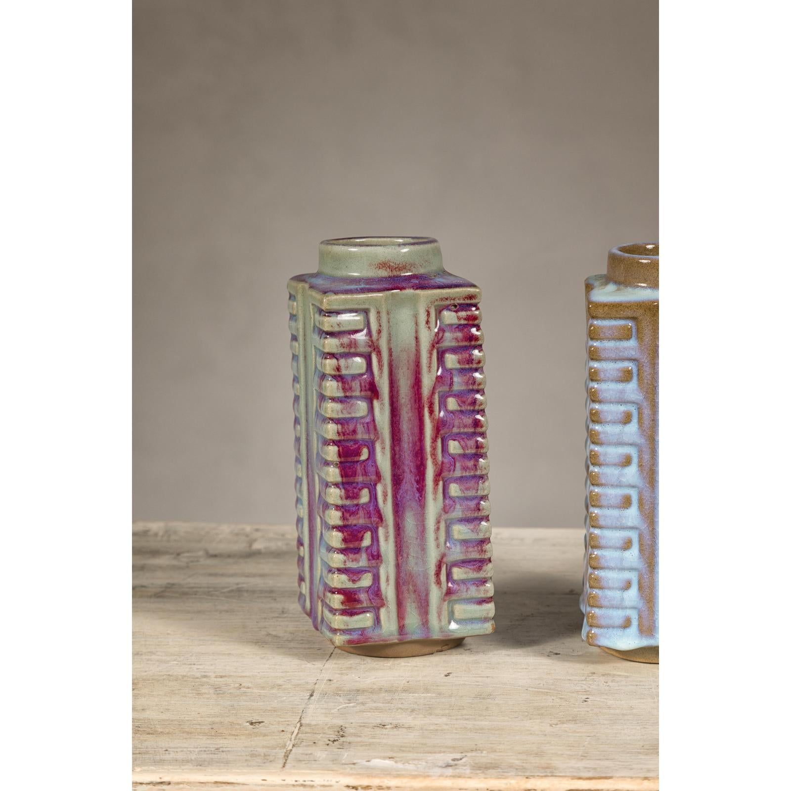 Quadrangular Flambé Vases Inspired by Neolithic Ritual Cong Objects, Sold Each