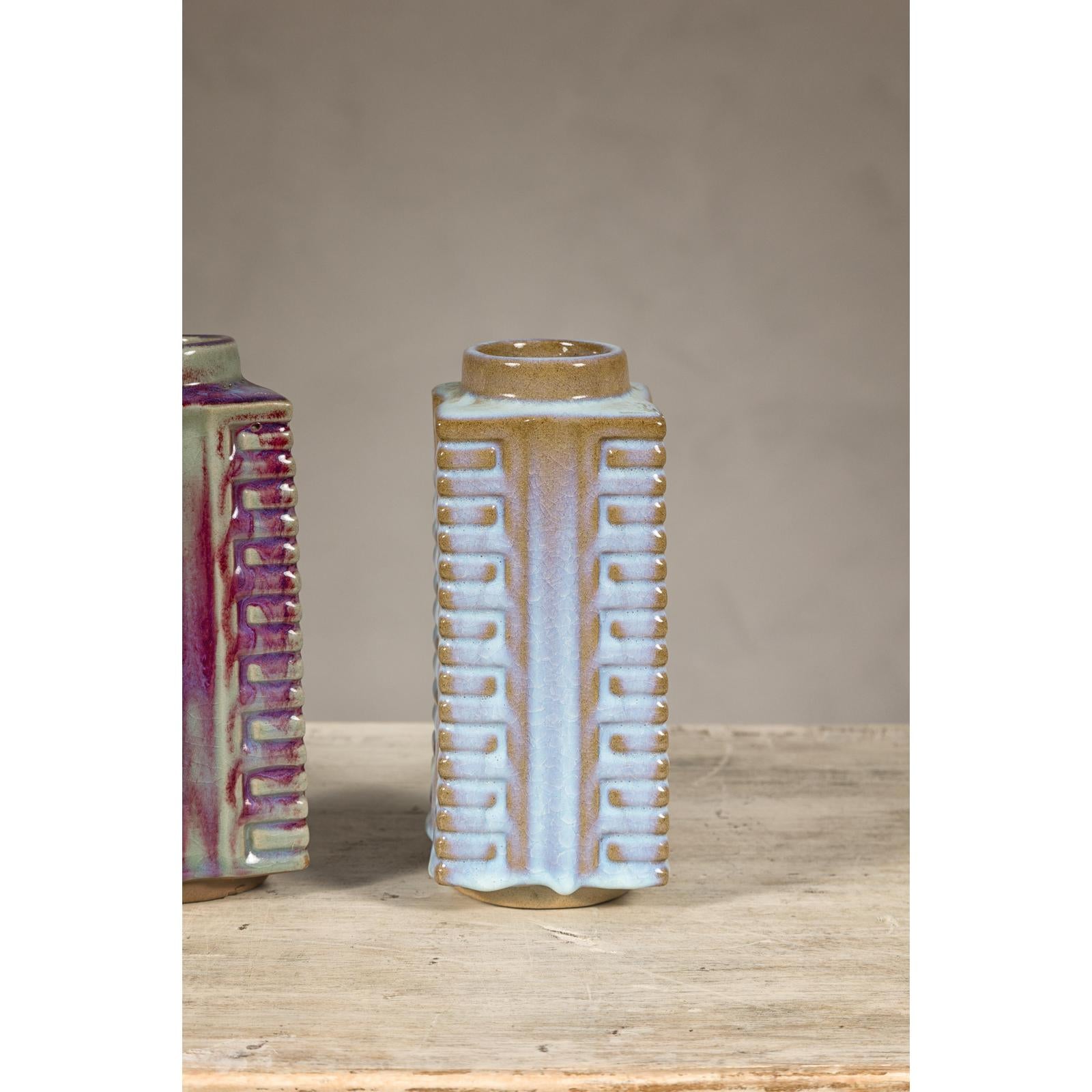 Quadrangular Flambé Vases Inspired by Neolithic Ritual Cong Objects, Sold Each