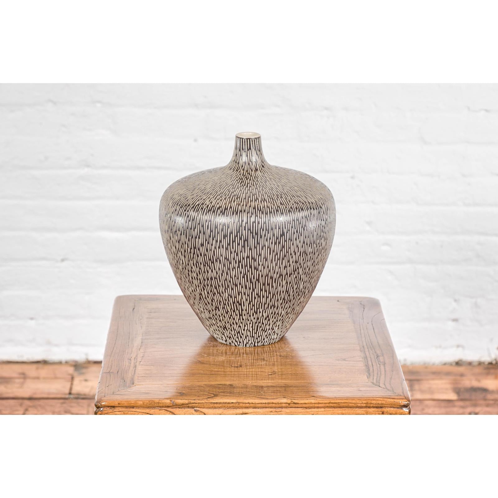 Artisan Handmade Brown Glazed Ceramic Vase with Textured Cream Stokes