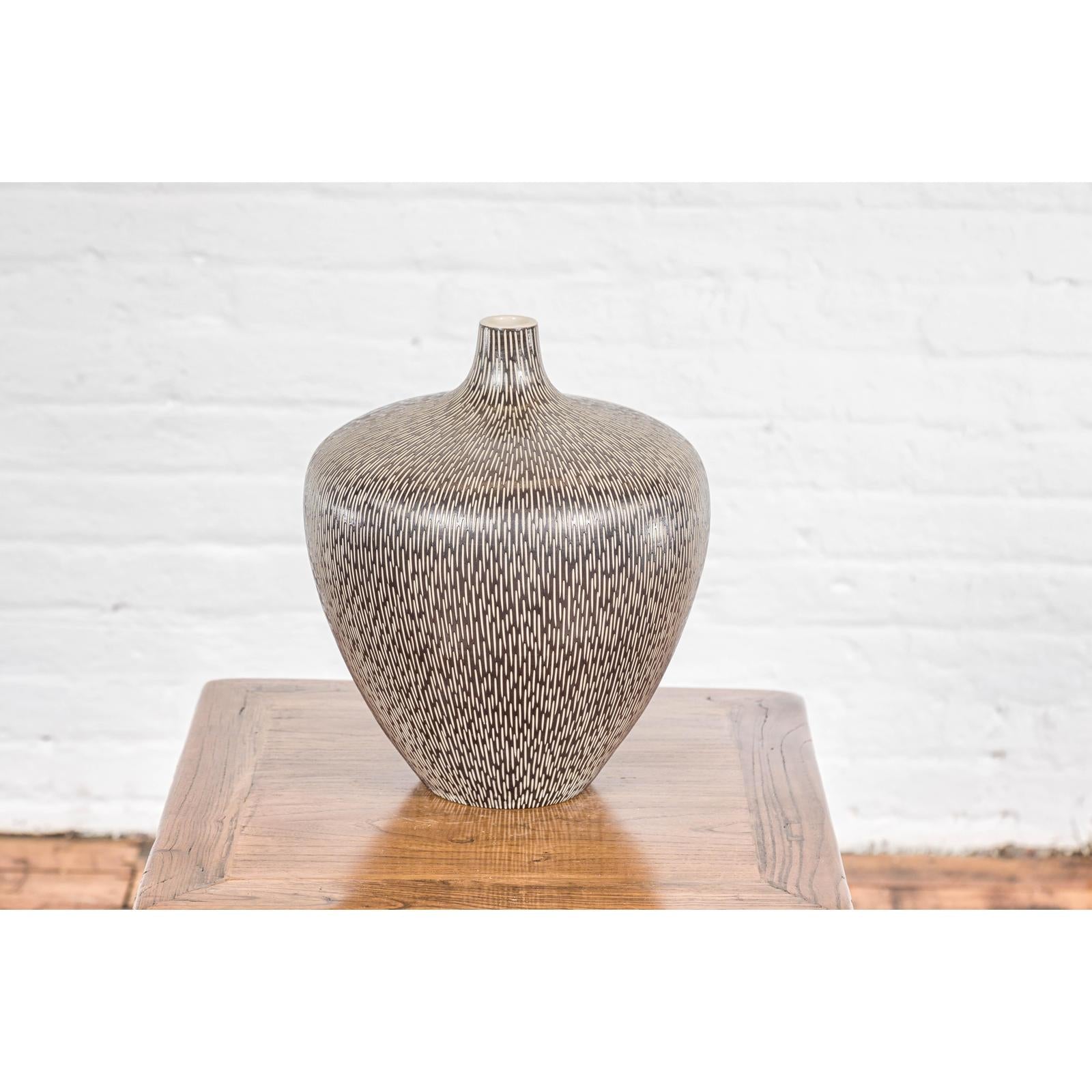 Artisan Handmade Brown Glazed Ceramic Vase with Textured Cream Stokes